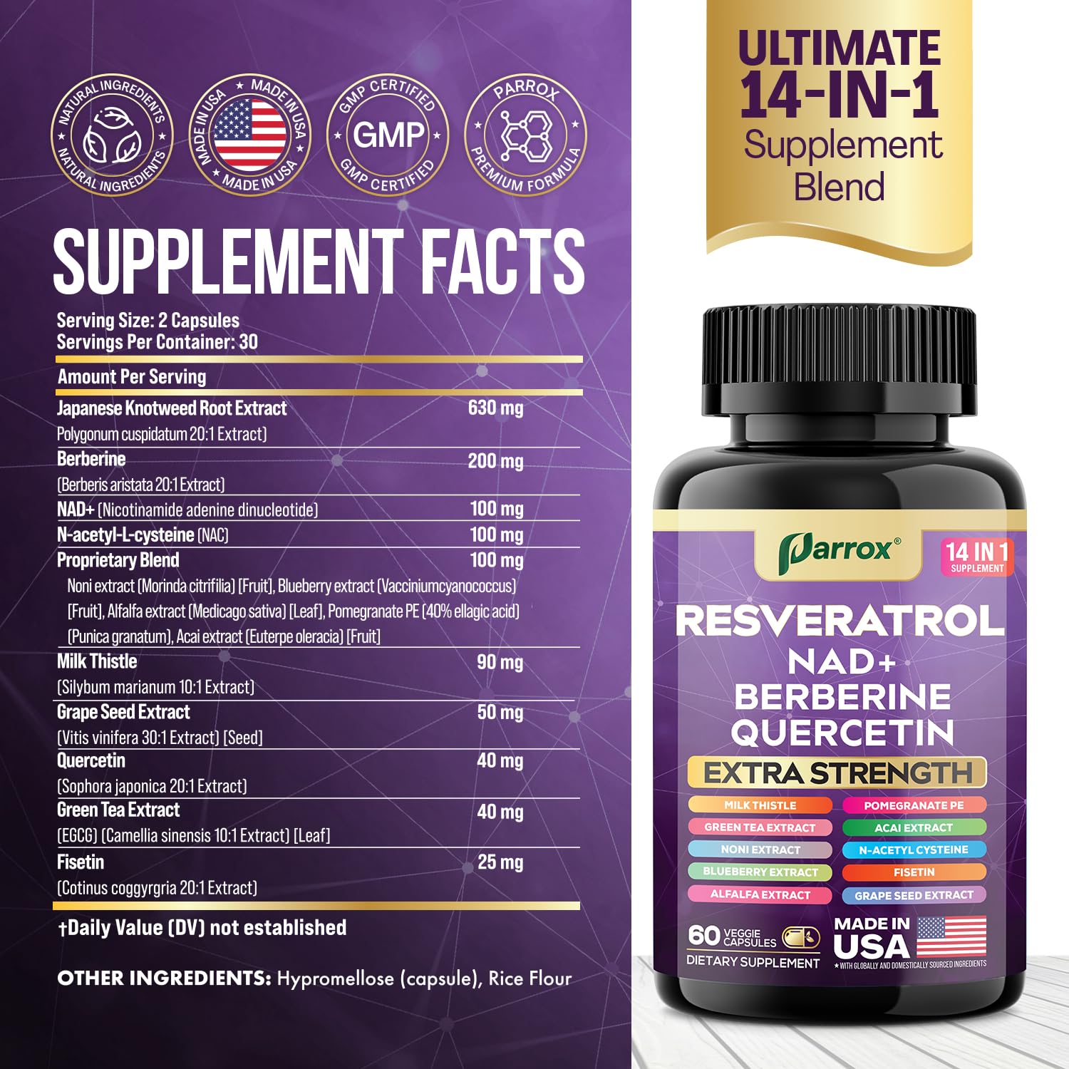 Parrox Resveratrol etiqueta clara con información de ingredientes y usos diarios