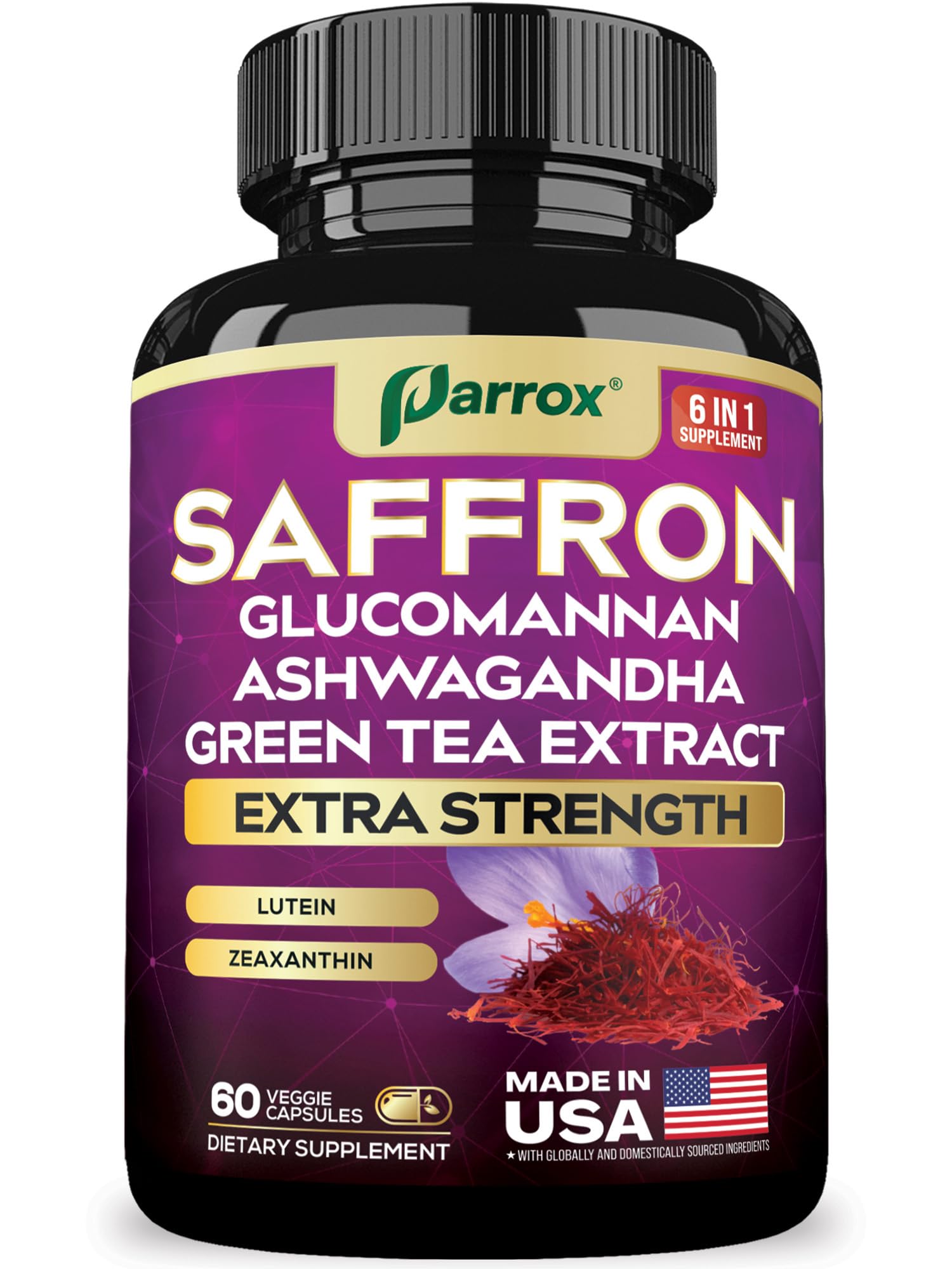 Parrox Saffron: botella de cápsulas para apoyo diario de bienestar