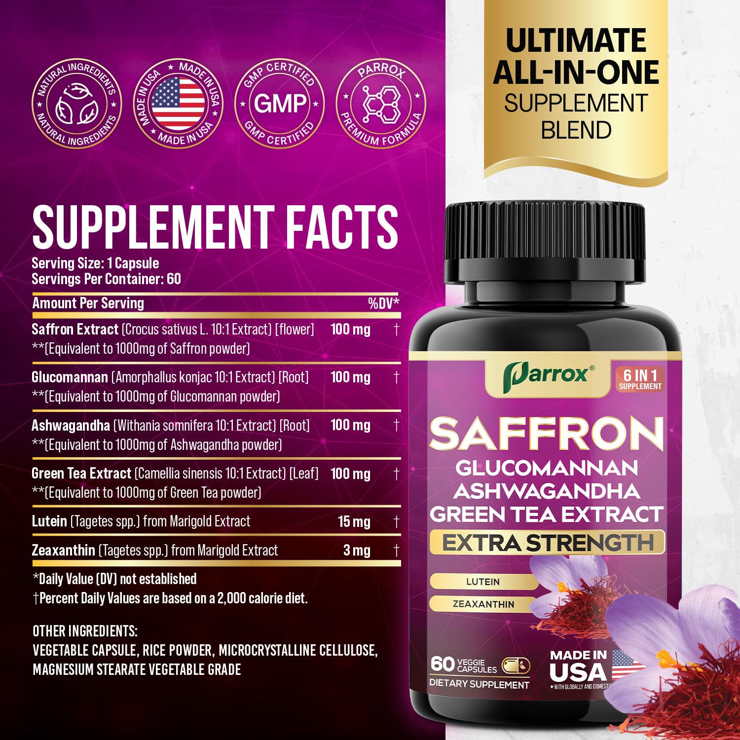 Parrox Saffron: cápsulas en primer plano para bienestar general y claridad visual