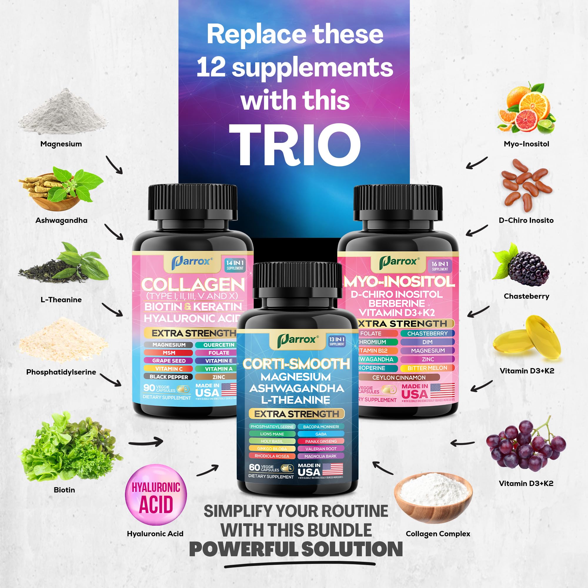Parrox She Shines Set, Myo‑inositol y D‑Chiro‑inositol para equilibrio metabólico.