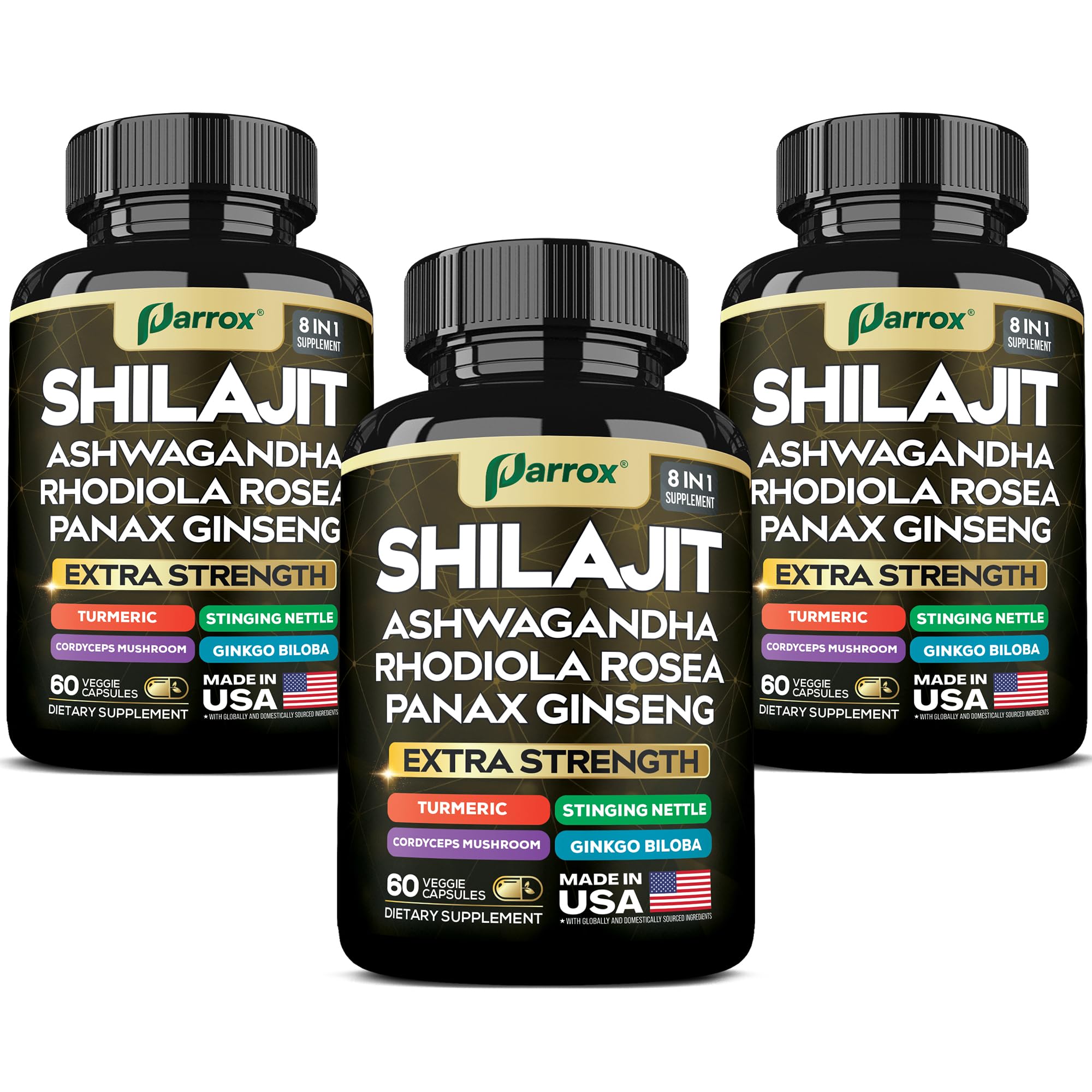 Parrox Shilajit 8 en 1 en botella, energía diaria posible.