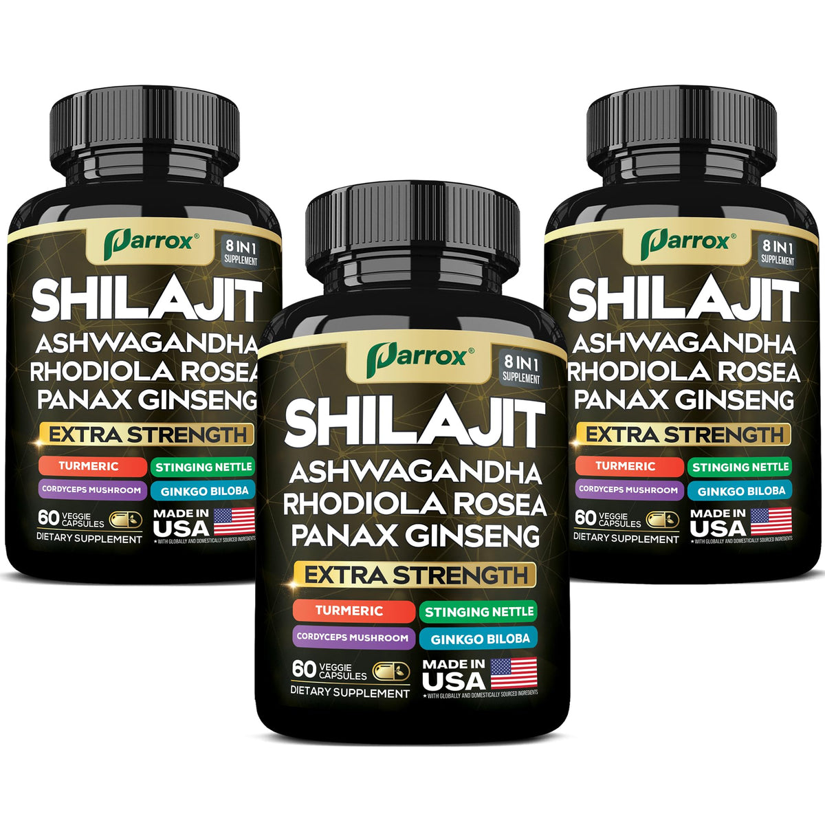 Parrox Shilajit 8 en 1 en botella, energía diaria posible.