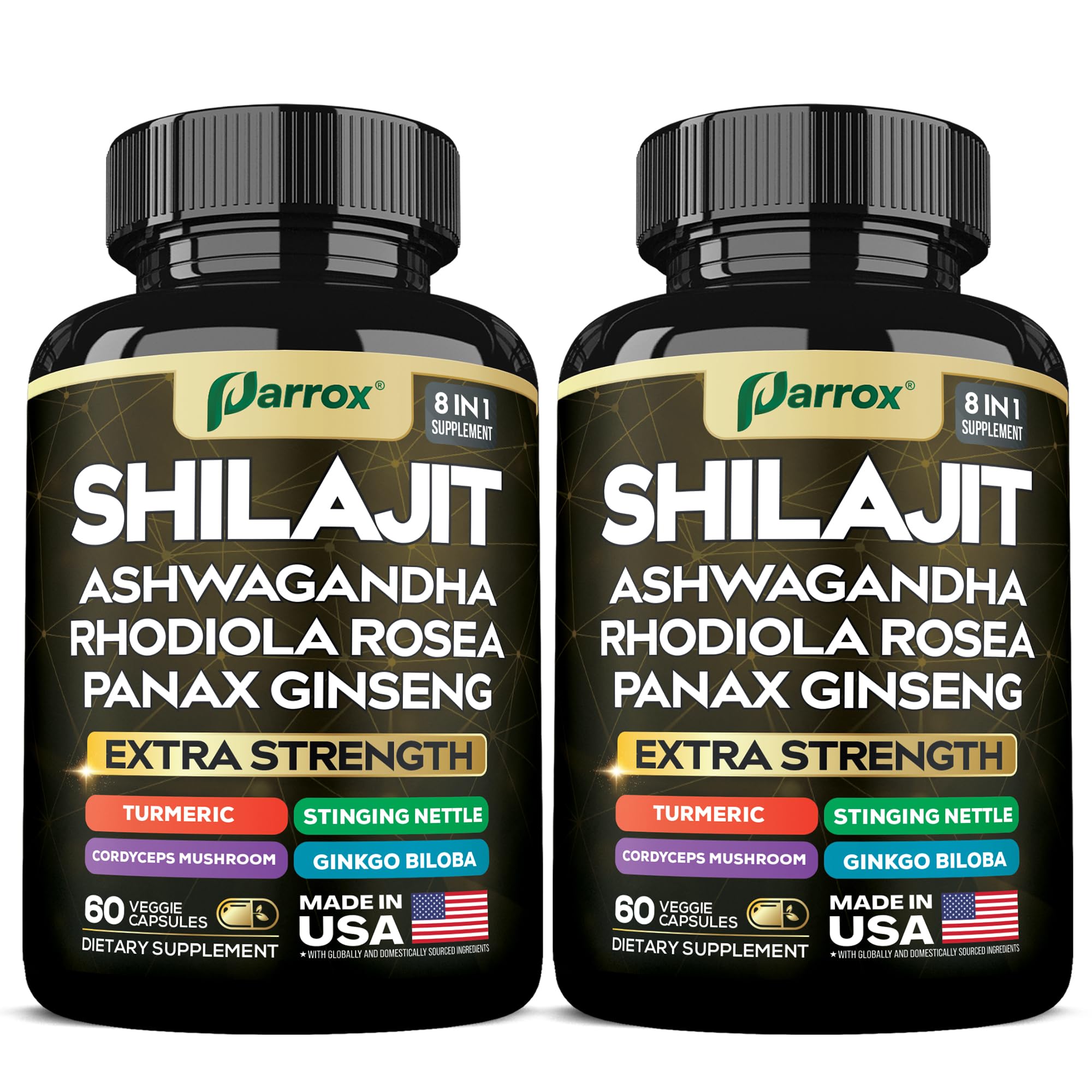 Parrox Shilajit 8-en-1, cápsulas en botella, posible apoyo a la energía diaria.