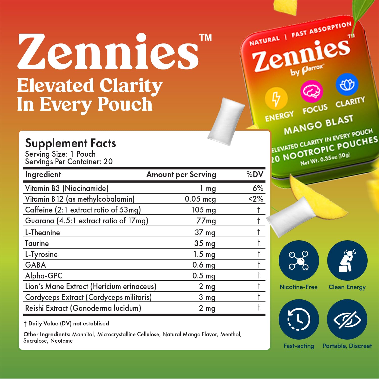 Parrox Zennies sin nicotina, bolsa compacta para concentrarse.
