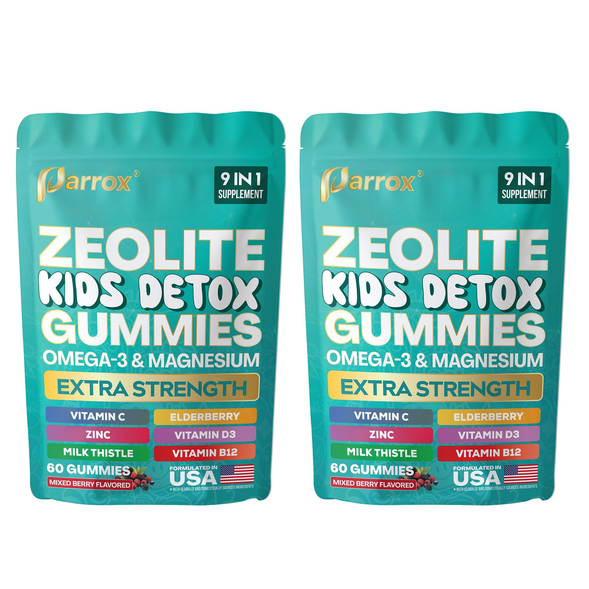 Parrox Zeolite Kids Detox Gummies, botella visible, sabor bayas mixtas sin azúcar para uso diario seguro