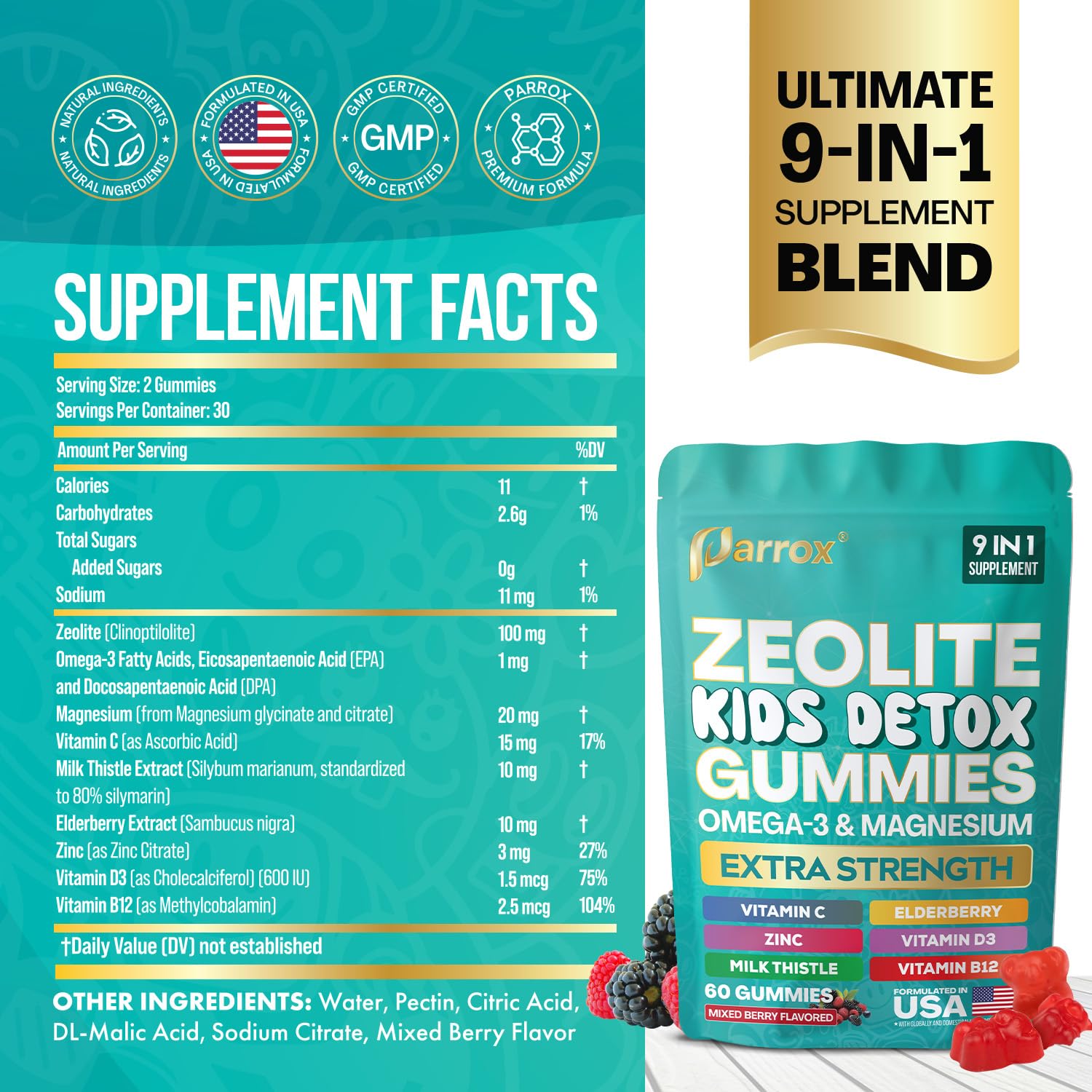 Parrox Zeolite Kids Detox Gummies, gomitas de frambuesa, sabor agradable para consumo diario