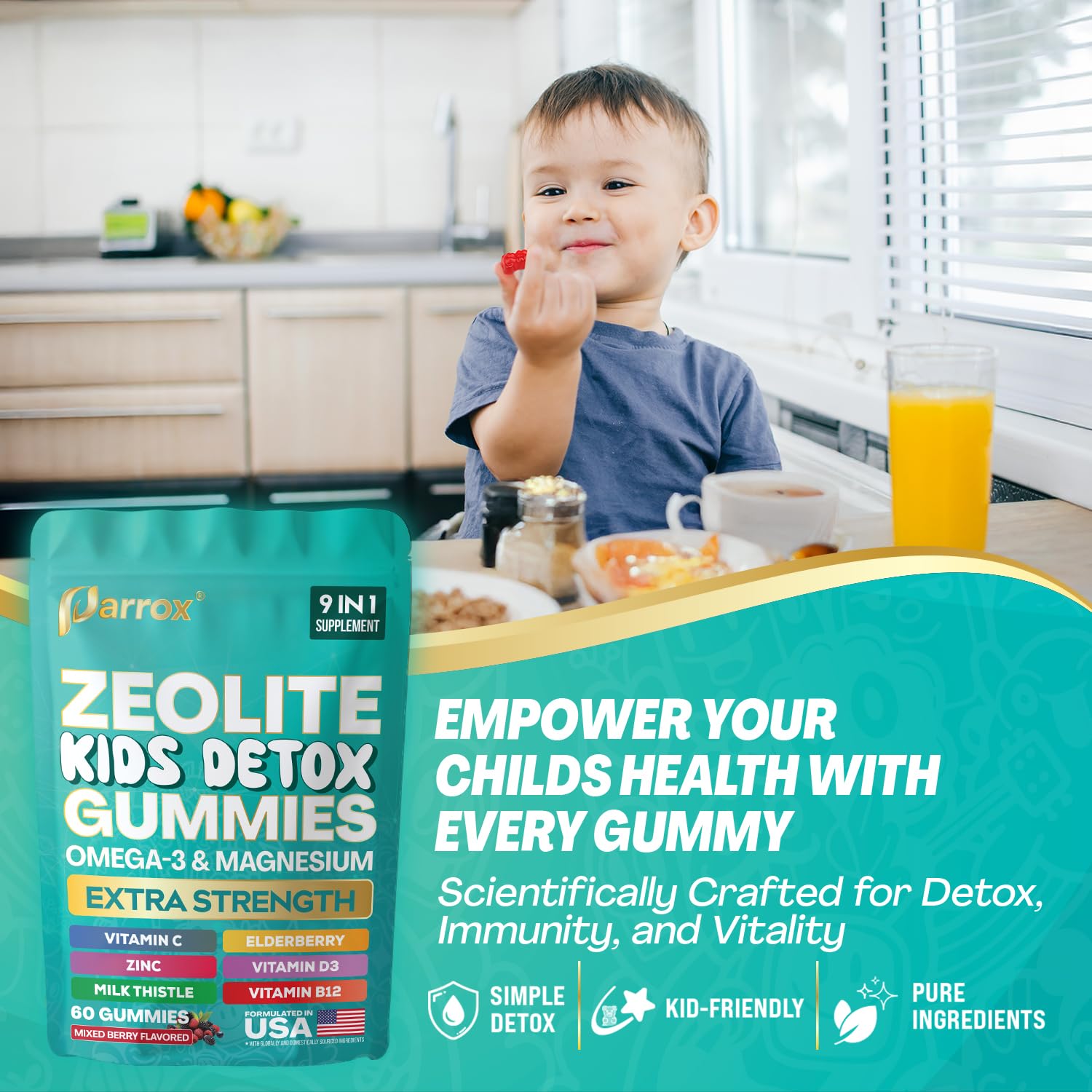 Parrox Zeolite Kids Detox Gummies, toma fácil, opción práctica para la rutina diaria
