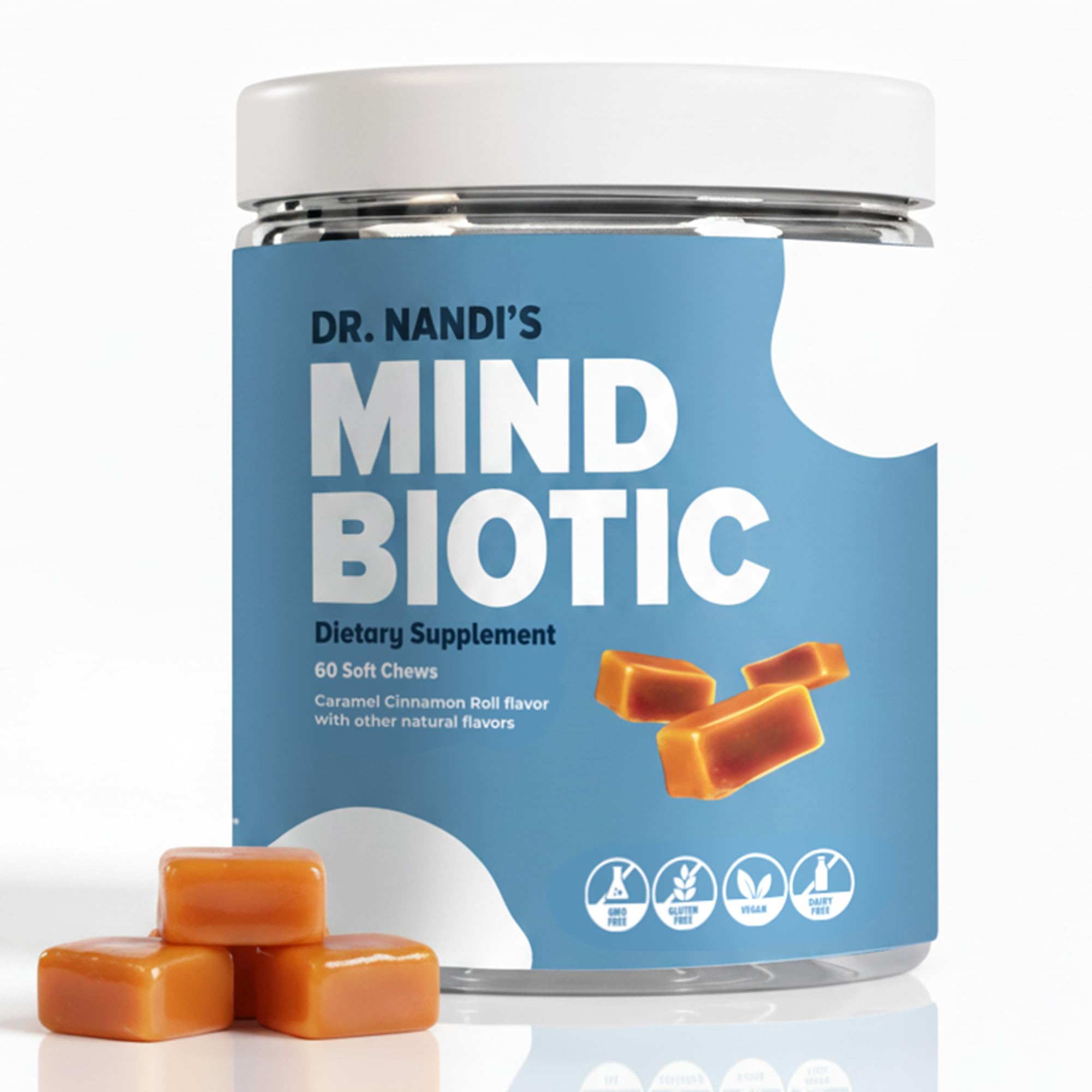 MindBiotic gomitas caramel canela en tarro para apoyo digestivo y claridad mental diaria
