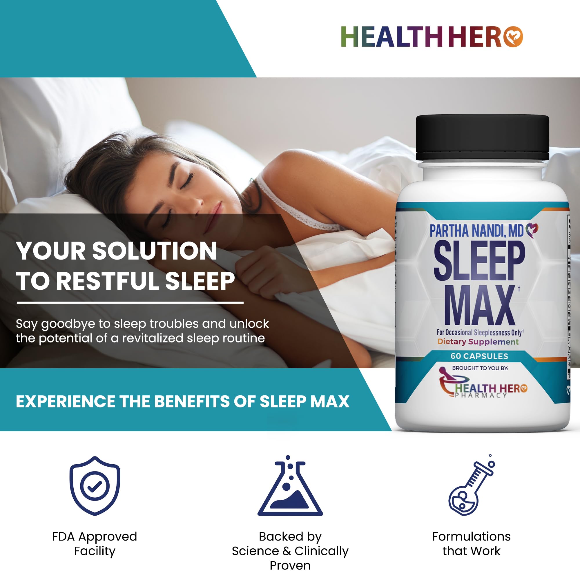 Partha Nandi Sleep Max cápsulas, uso nocturno para descanso suave.