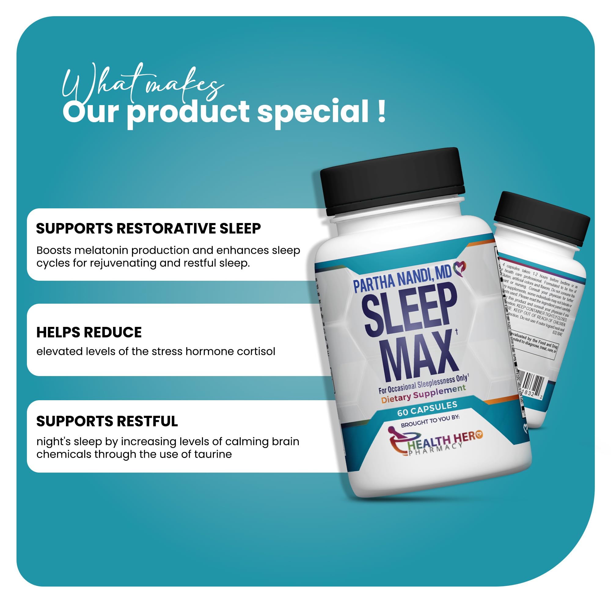 Partha Nandi Sleep Max etiqueta y caja, diseño claro.