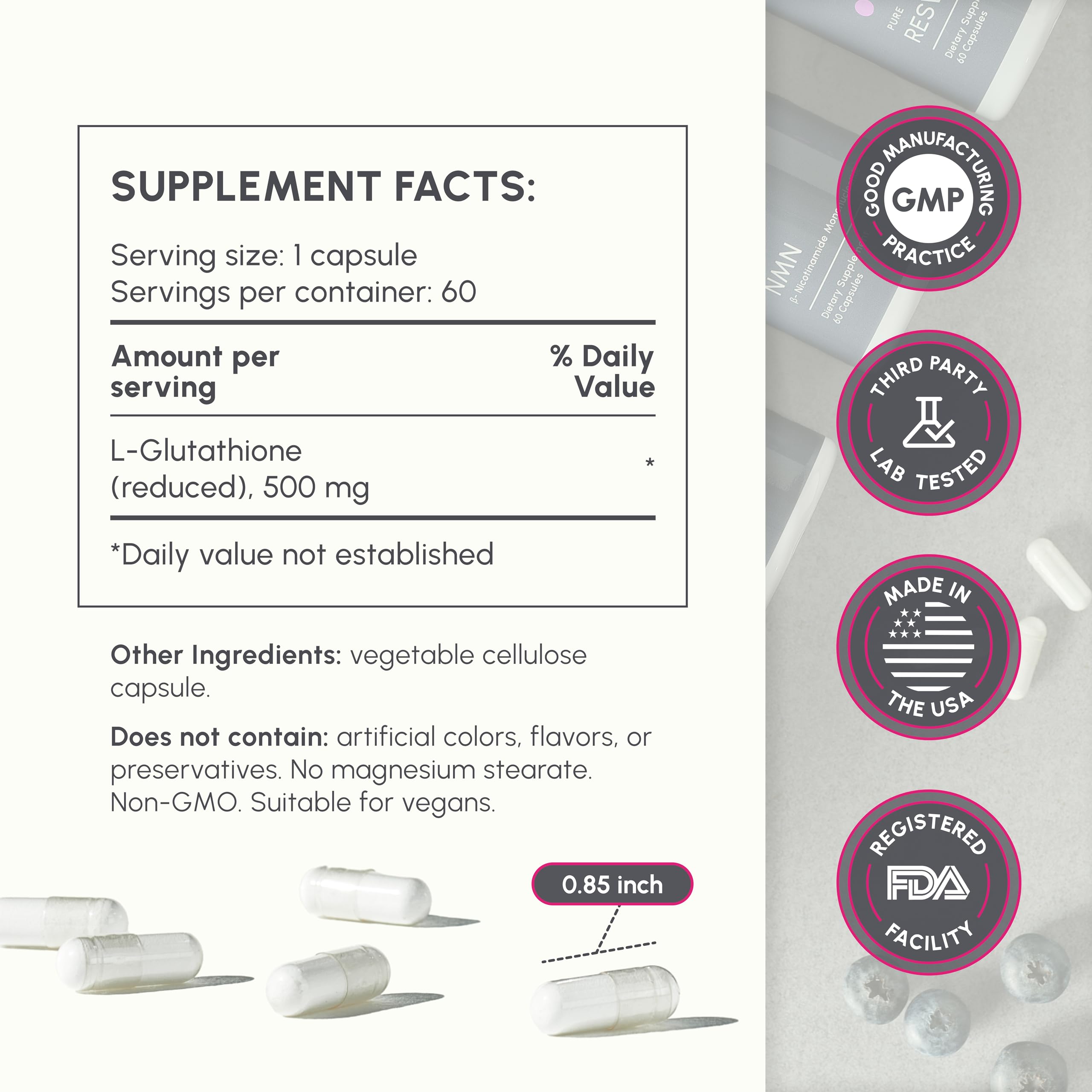 PartiQlar L-Glutatión 500mg: etiqueta legible con información de ingredientes.