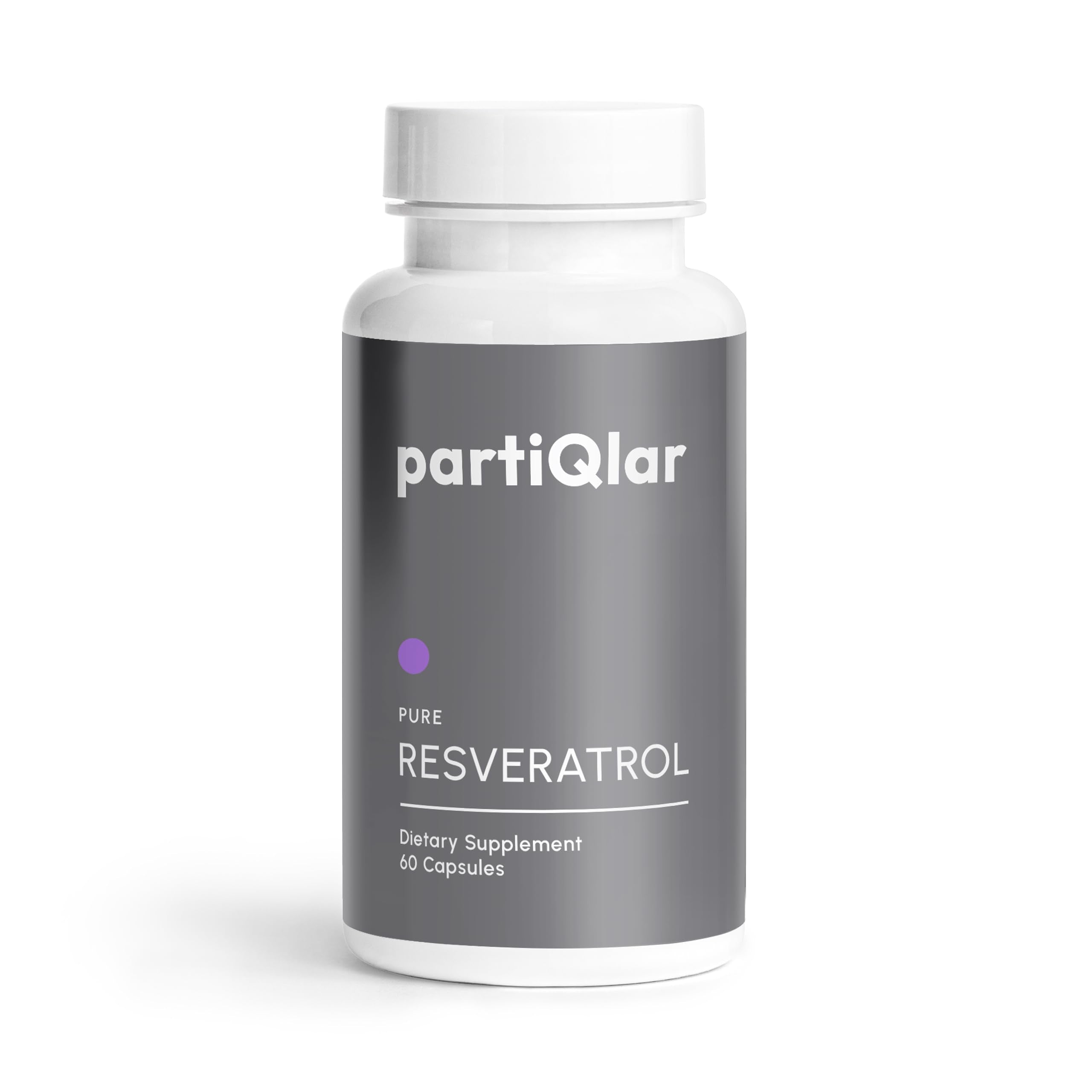 PartiQlar Trans-Resveratrol: botella de cápsulas para uso diario y antioxidante.