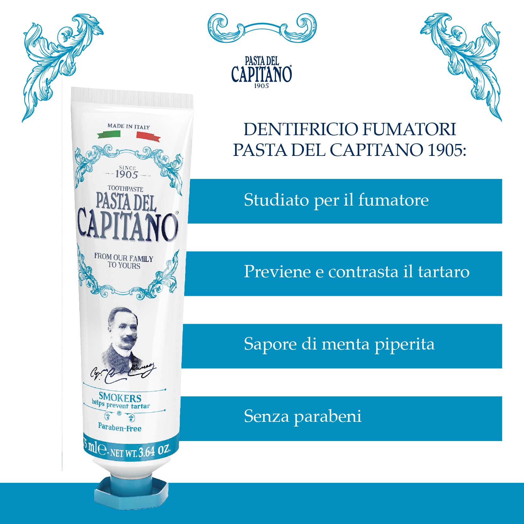 Empaque frontal de Pasta del Capitano 1905, diseño clásico.
