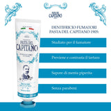 Empaque frontal de Pasta del Capitano 1905, diseño clásico.
