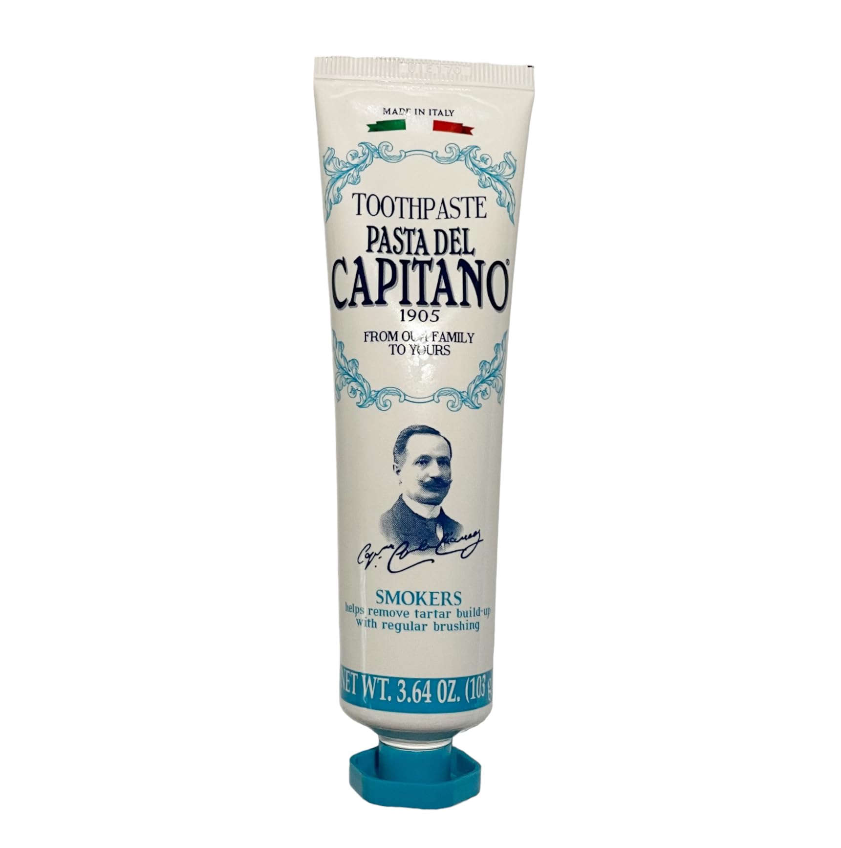 Empaque lateral de Pasta del Capitano 1905, información clara.