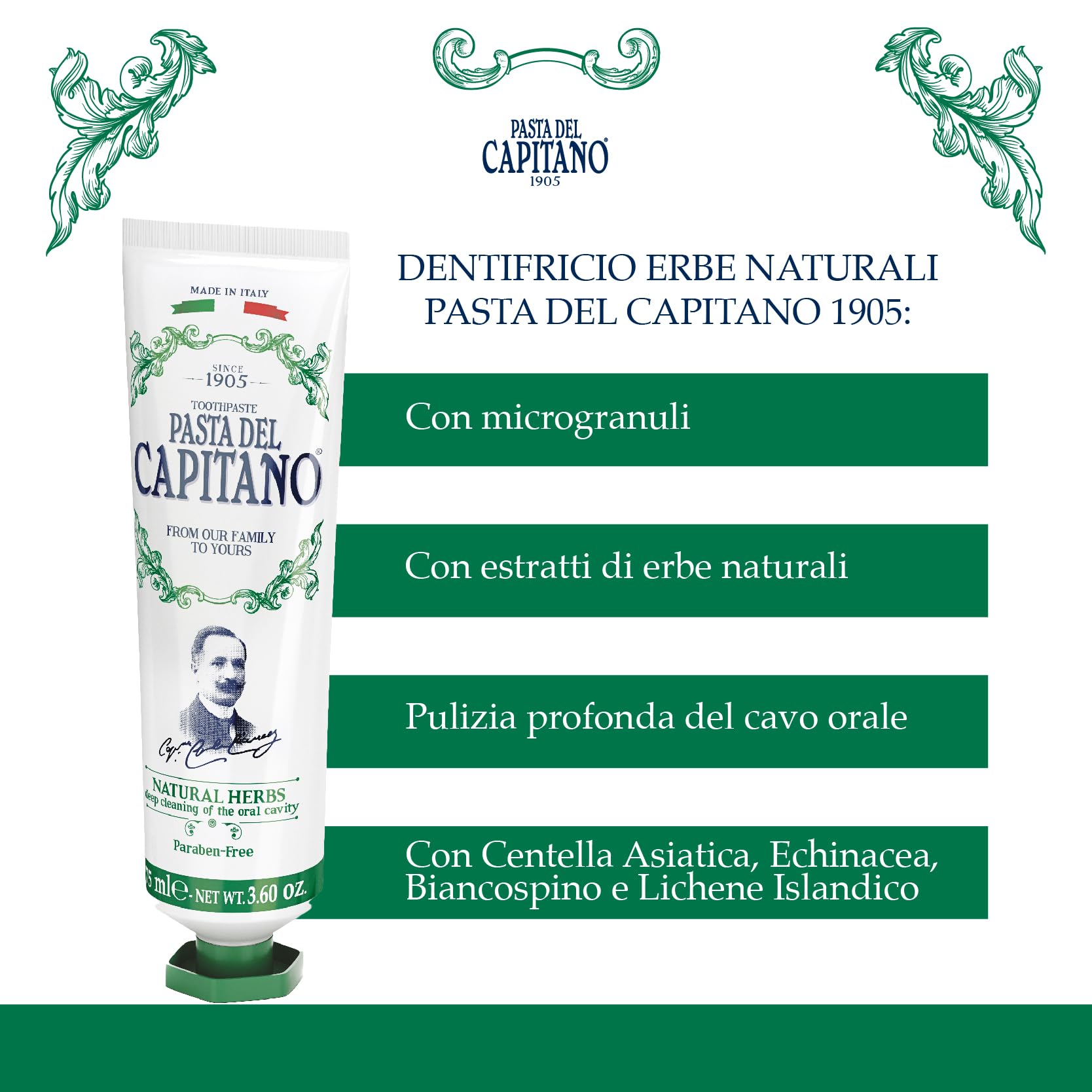 Pasta del Capitano 1905, centella asiatica, echinacea y espino blanco para cuidado delicado.