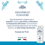 Dentífrico con sabor mentolado para fumadores y aliento fresco.