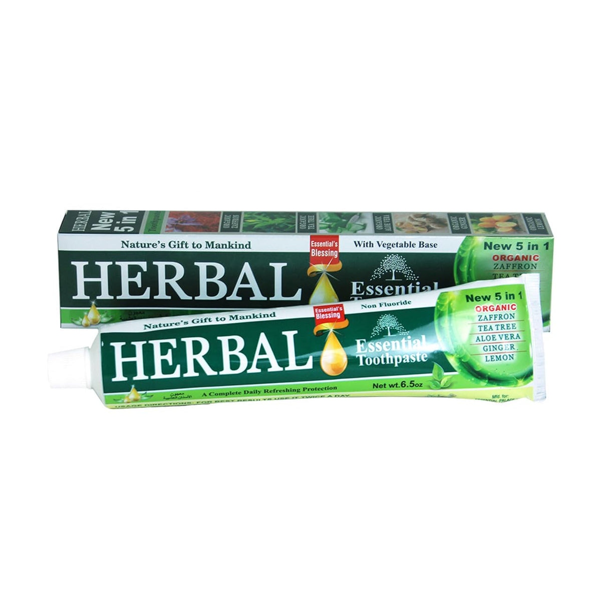 Pasta dental ESSENTIAL Palace Herbal, enfoque visual en la pasta, higiene bucal suave.