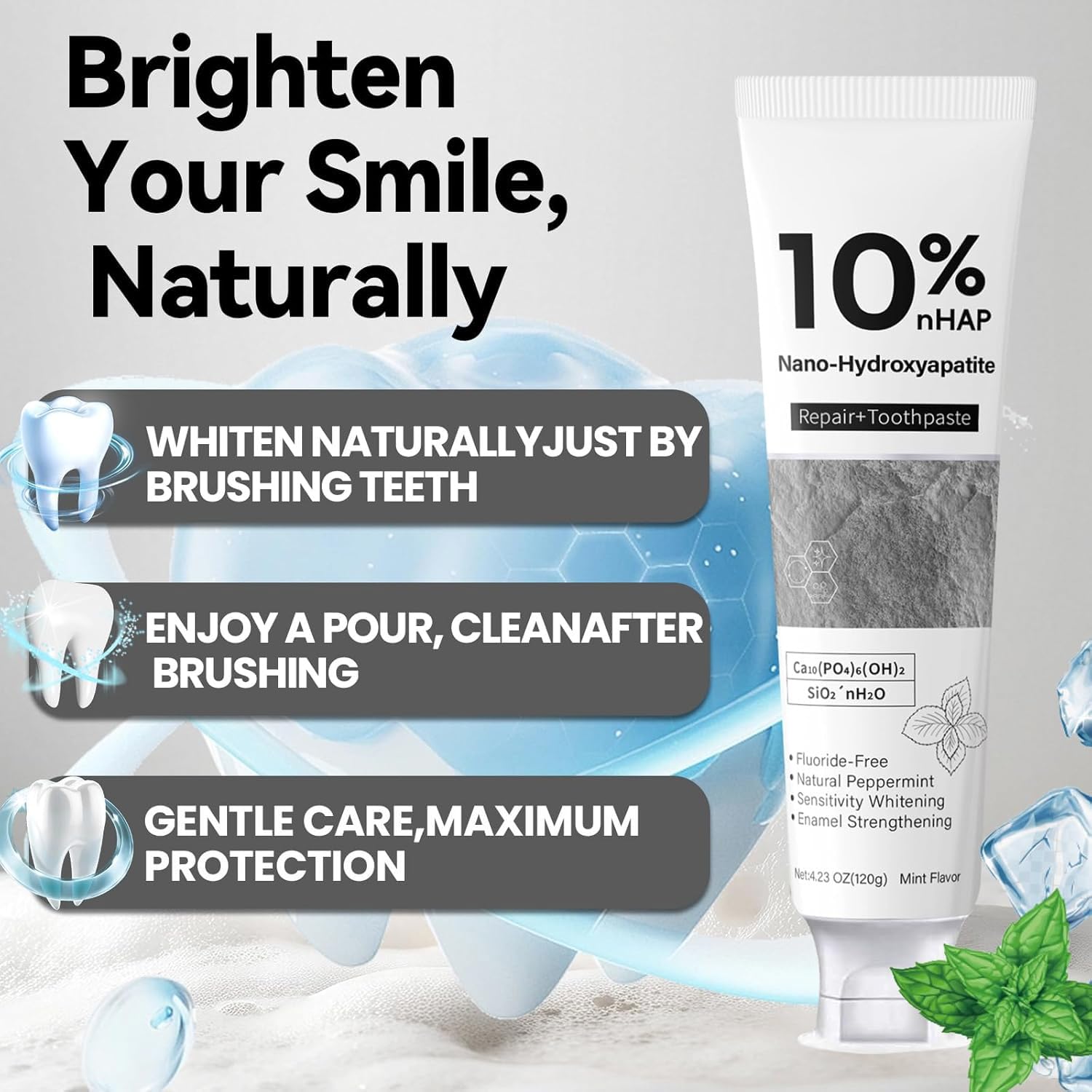 Pasta nano-hidroxiapatita, enfoque de blanqueamiento dental para sonrisa más brillante.