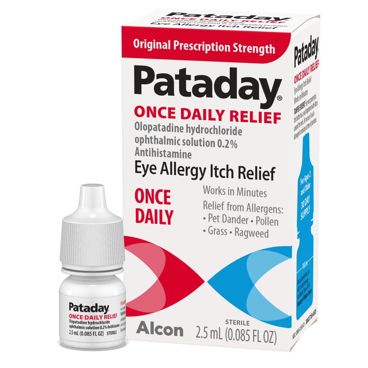 Pataday muestra una gota ocular diaria para alivio rápido del picor ocular.