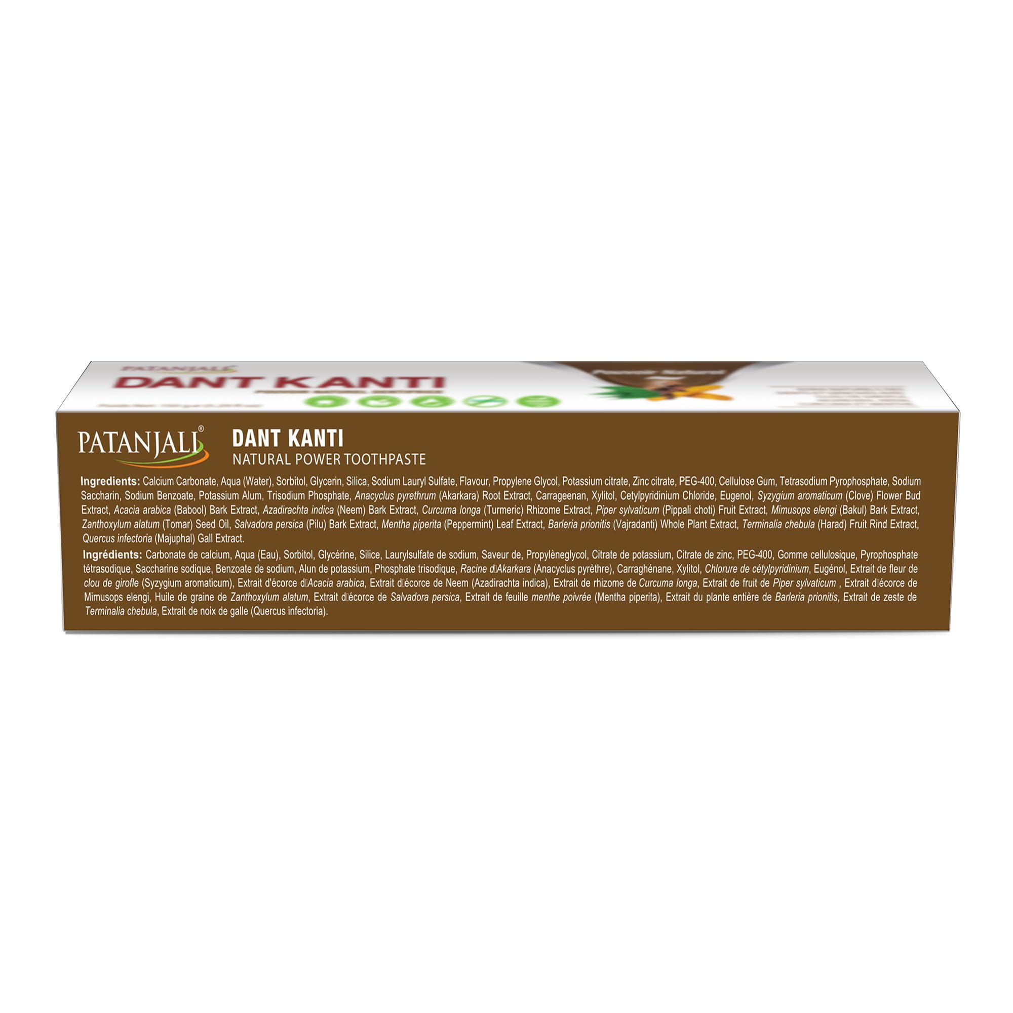 Patanjali Dant Kanti, higiene diaria, promueve rutina confiable de limpieza bucal con sabor herbal.
