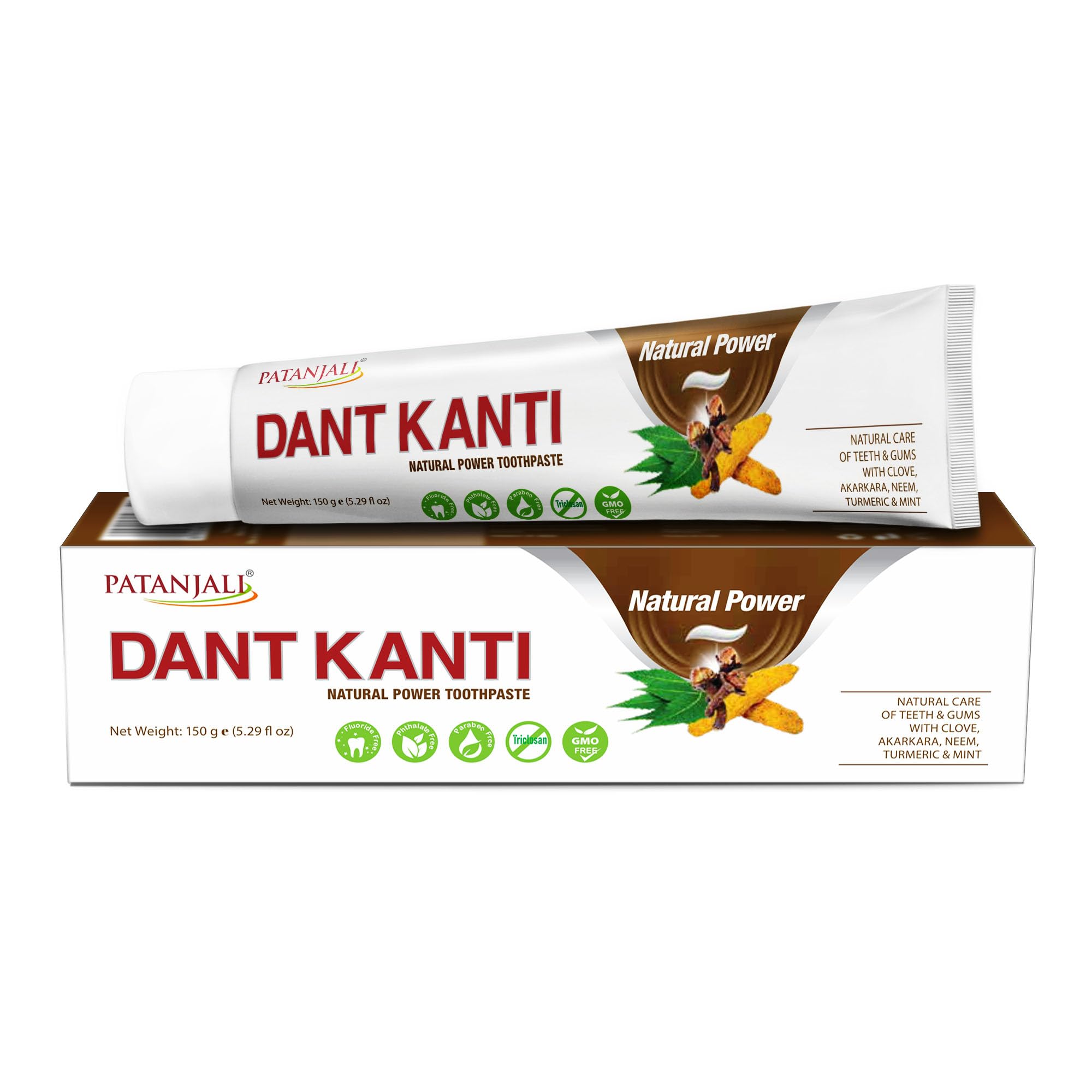 Patanjali Dant Kanti, detalle del tubo, resaltando el diseño herbal para una experiencia fresca.
