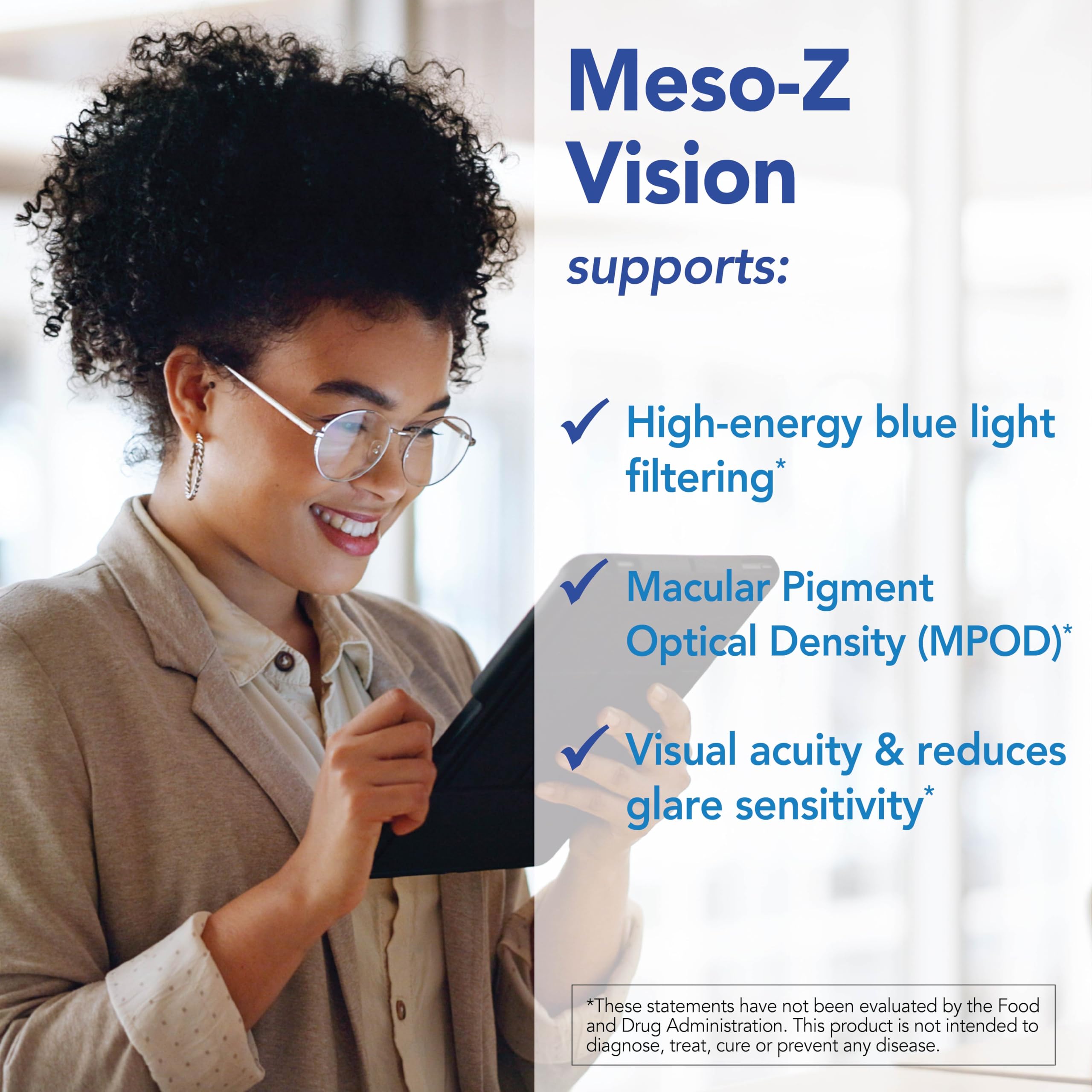 Patient One Meso-Z Vision fórmula vegetariana libre de alérgenos y organismos modificados genéticamente.