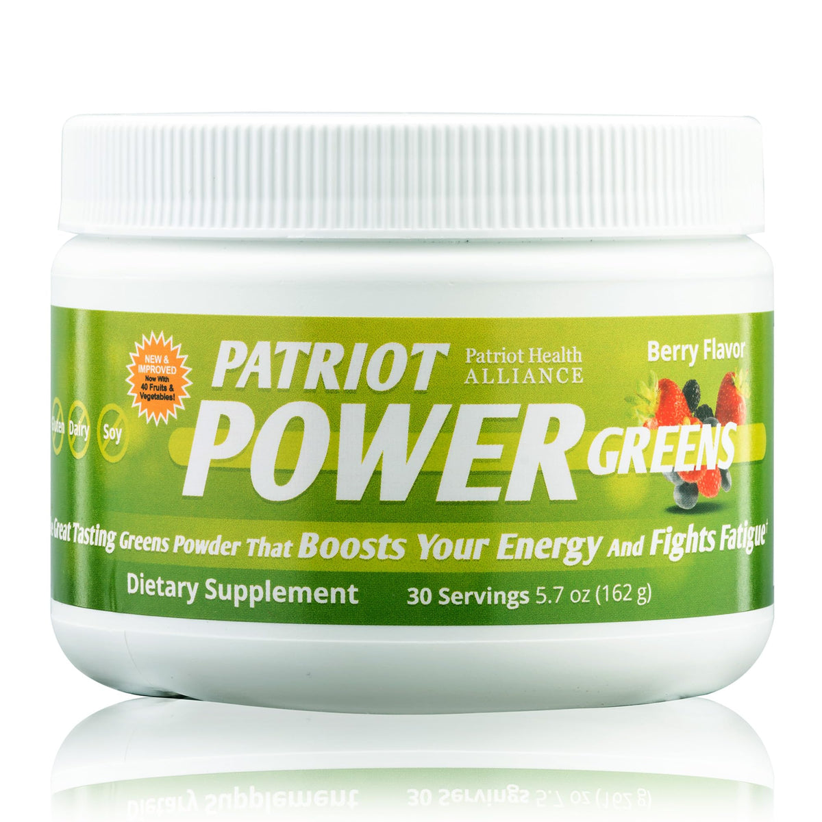 Patriot Power Greens: mezcla de 40+ frutas y verduras para energía sostenida.