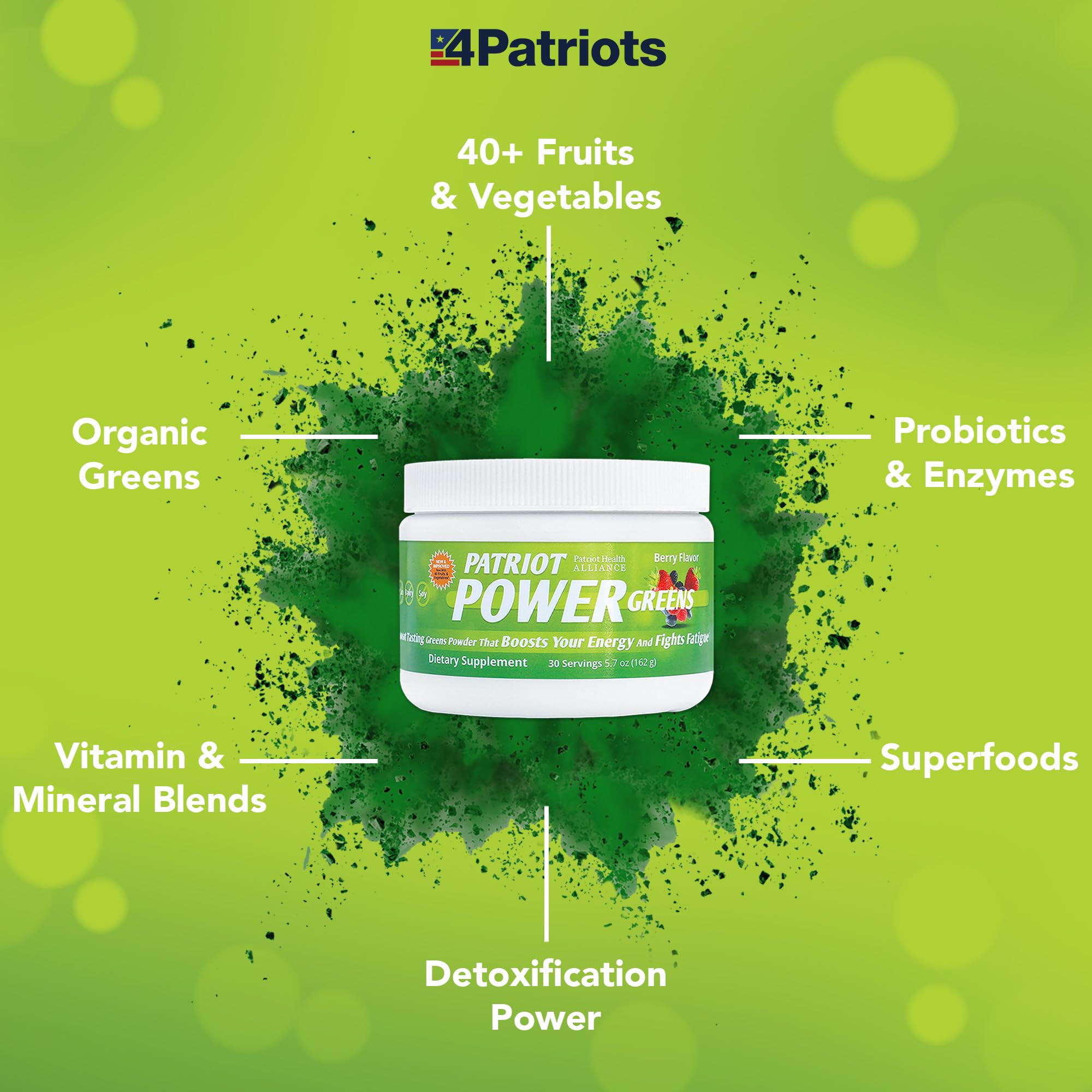 Patriot Power Greens: probióticos y enzimas para digestión suave.