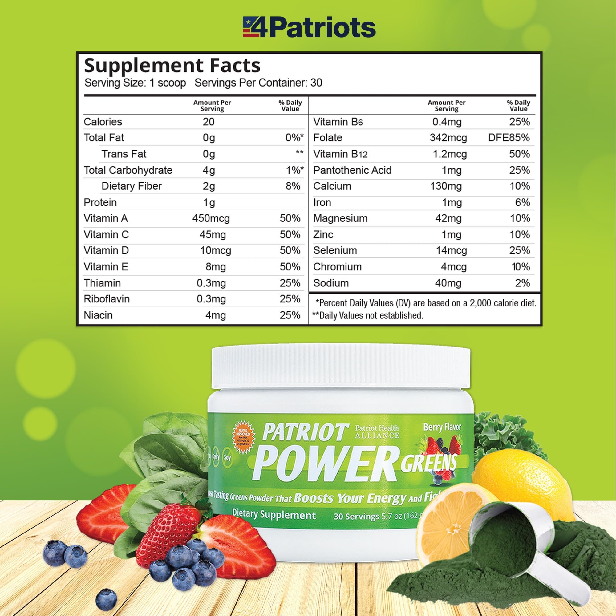 Patriot Power Greens: vitaminas y minerales para el bienestar general.