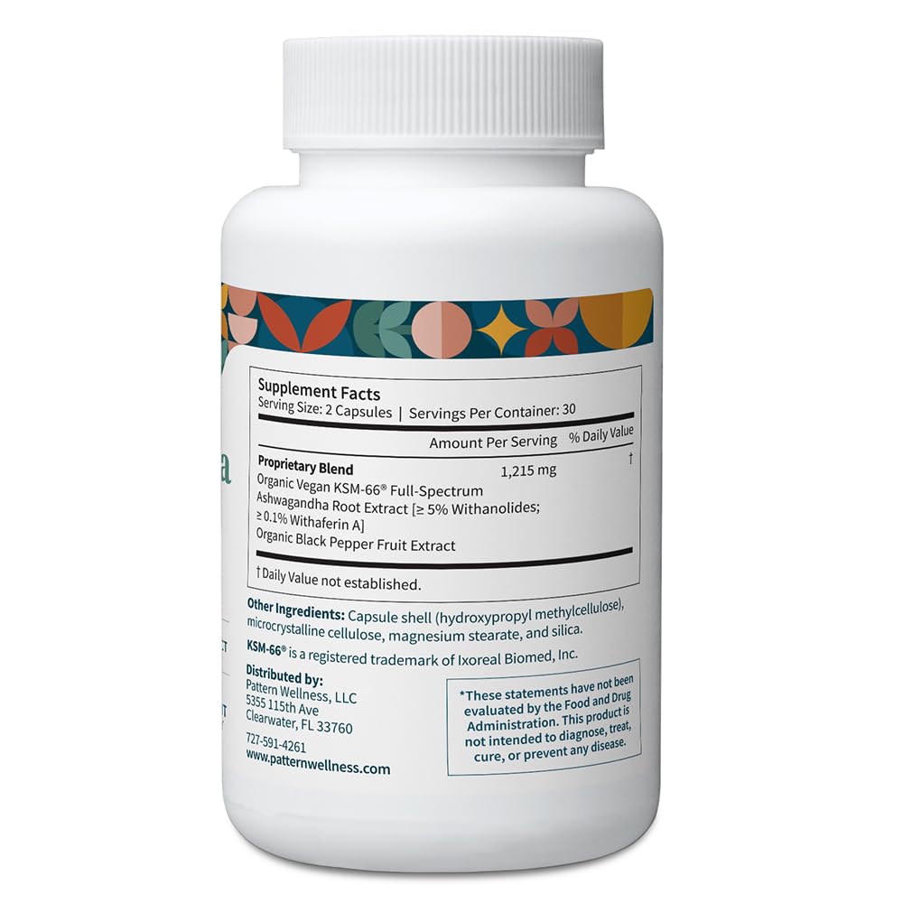 Pattern Wellness Ashwagandha Complex cápsulas, fórmula vegana para bienestar general.