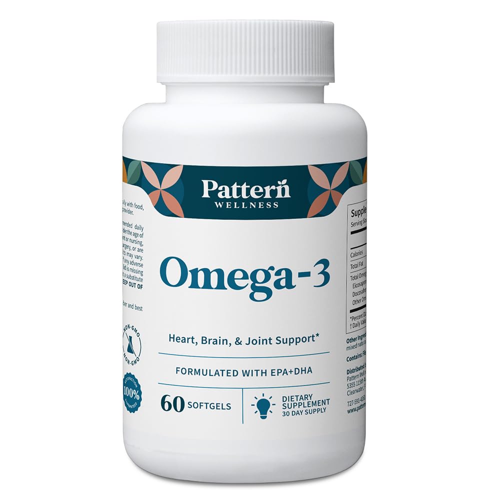 Pattern Wellness Omega3 Softgels: botella con cápsulas y sabor cítrico para bienestar general.