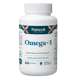 Pattern Wellness Omega3 Softgels: botella con cápsulas y sabor cítrico para bienestar general.