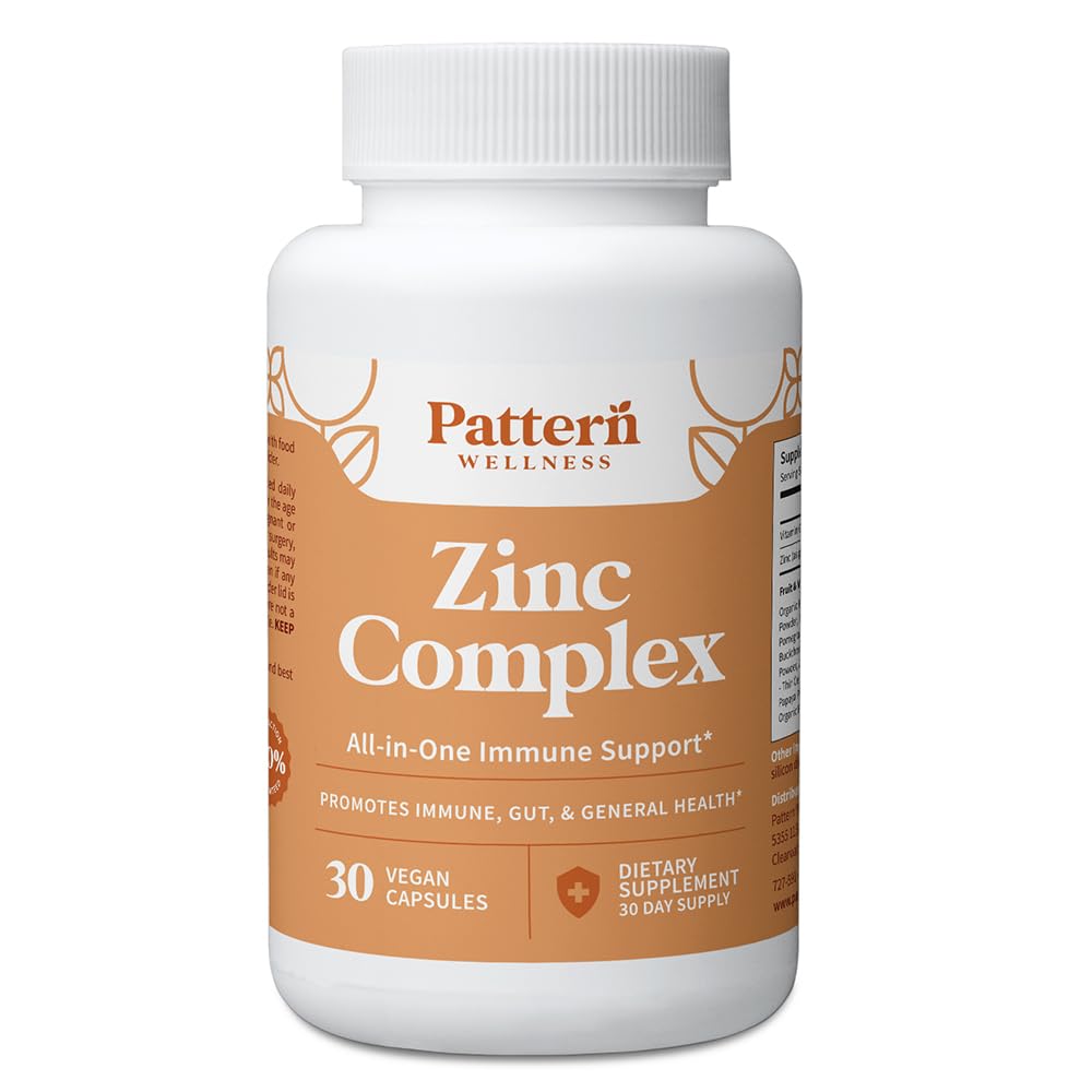 Pattern Wellness Zinc Complex, botella, facilita la toma diaria para apoyar el bienestar.