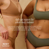 Paulina Fitness Reset Diario Probiótico etiqueta vegana, producto sostenible.