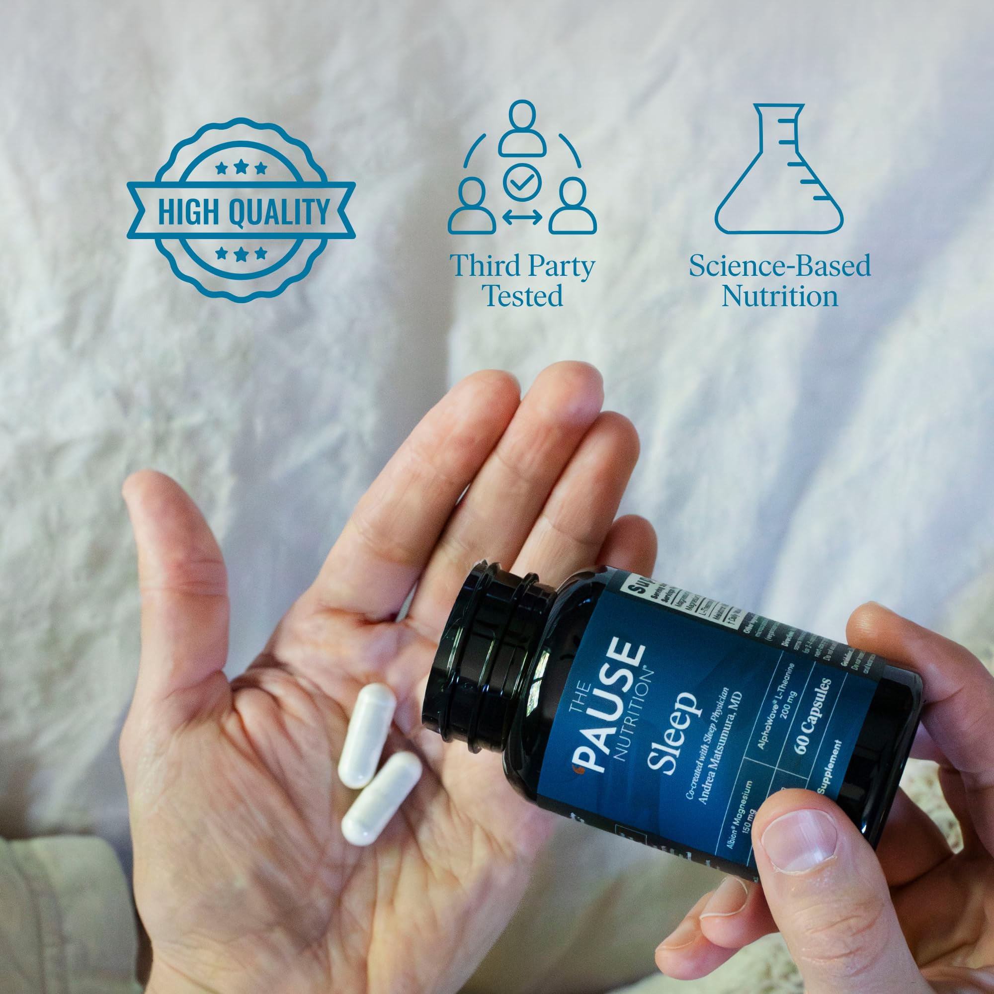 Cápsulas de L-teanina 200 mg de The 'Pause Life Sleep para relajación nocturna.