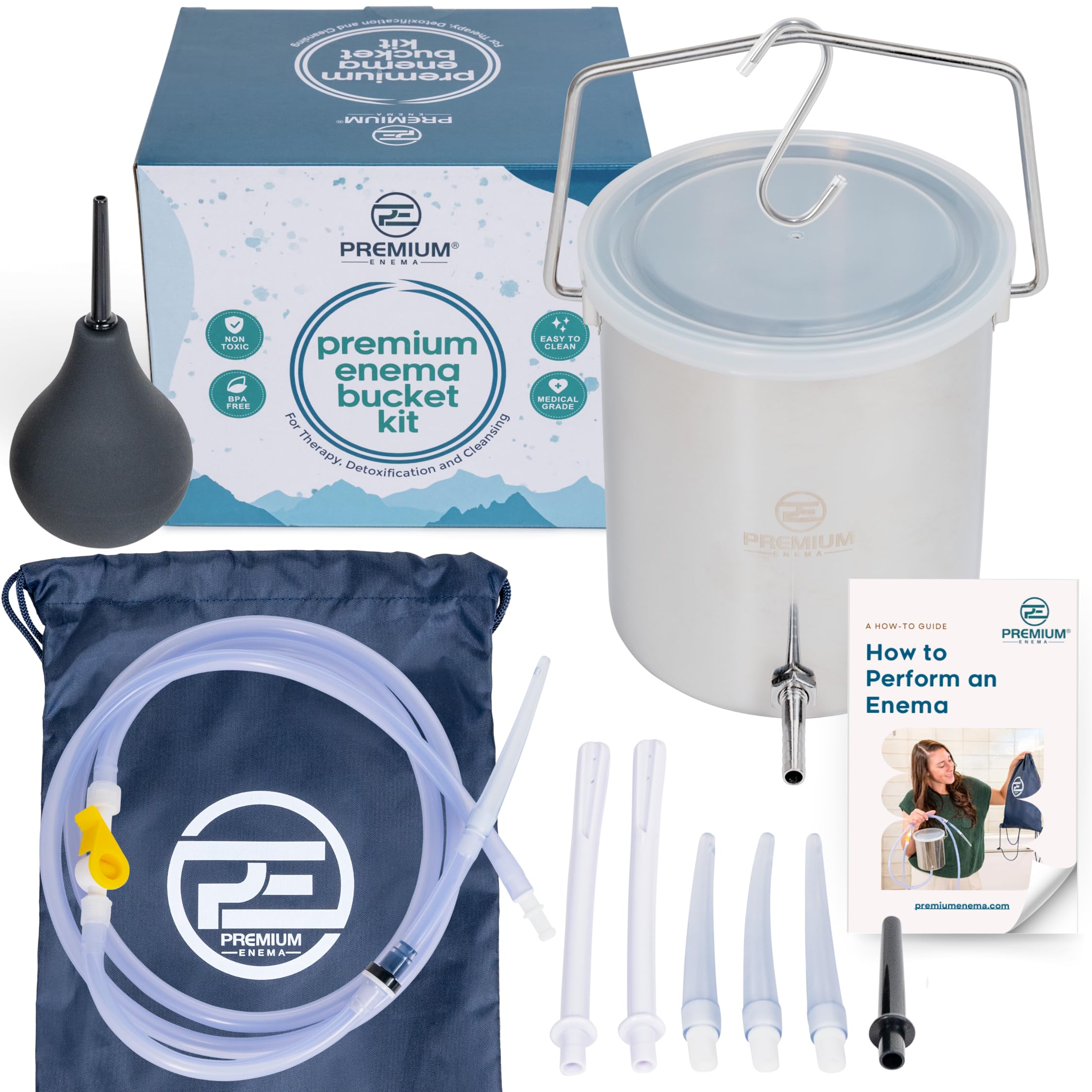 PE Premium Enema cubo de acero inoxidable, durabilidad y seguridad para prácticas íntimas.