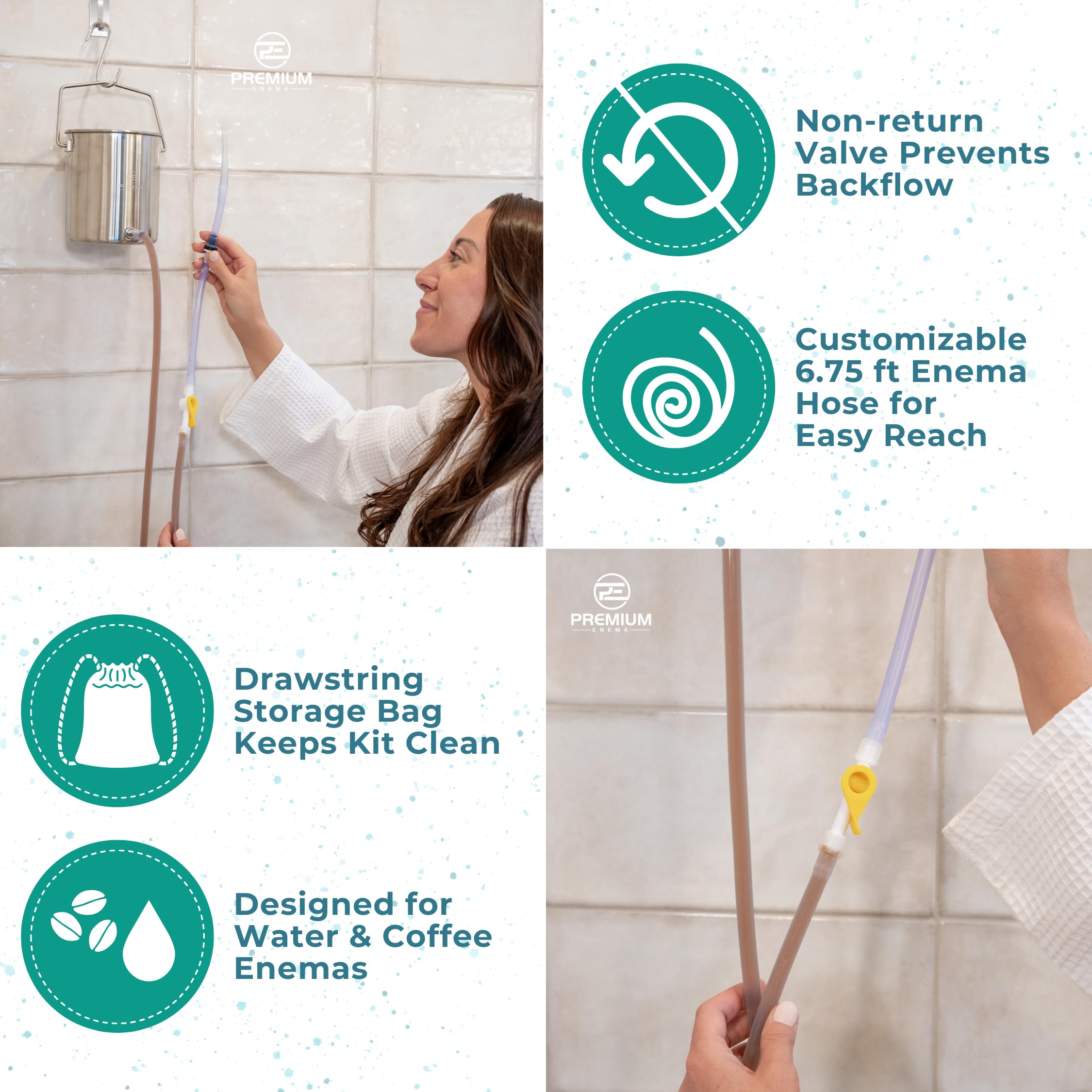 PE Premium Enema posición cómoda con manguera de longitud adecuada para sesiones relajadas.