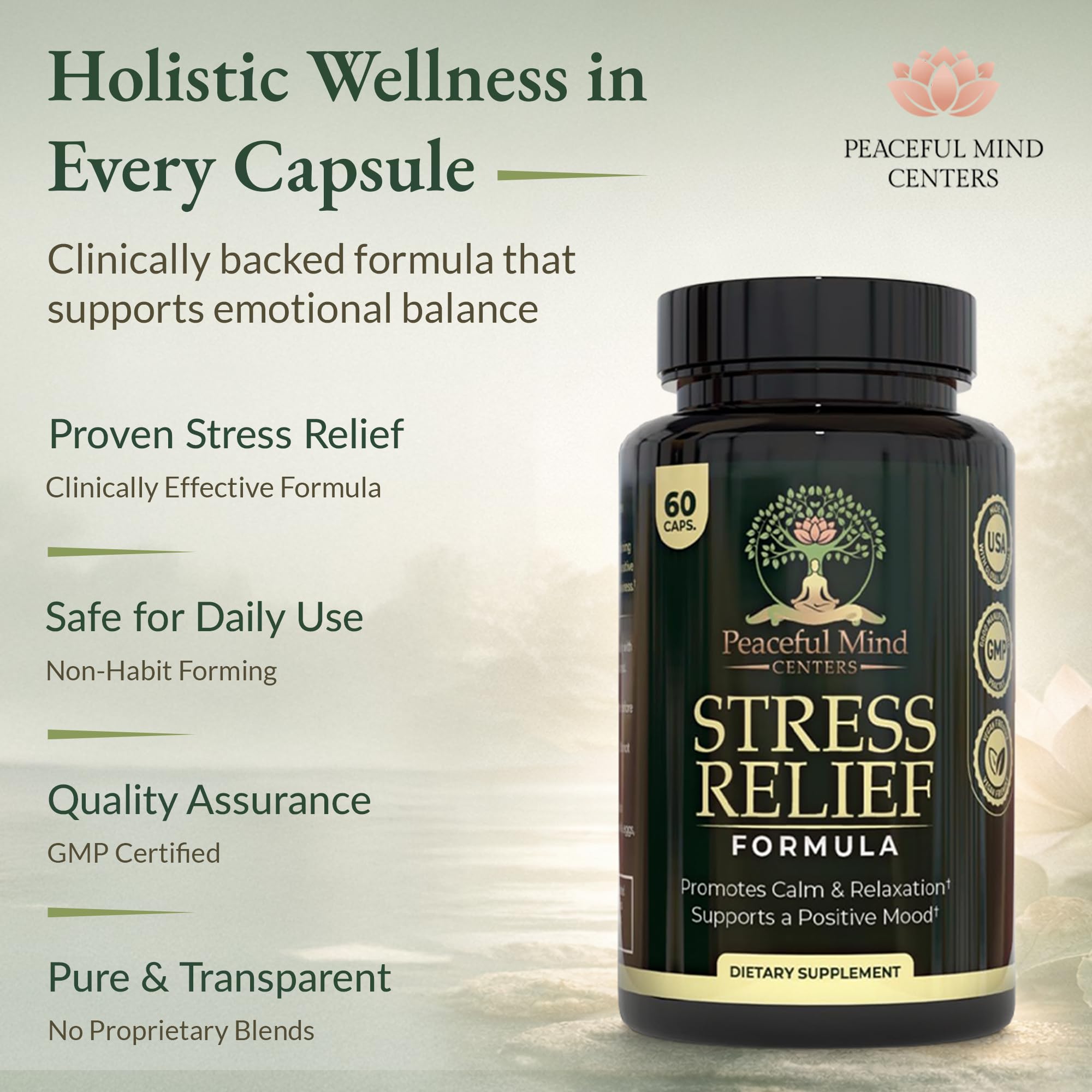 Peaceful Mind Centers, cápsulas de ashwagandha con beneficios naturales.
