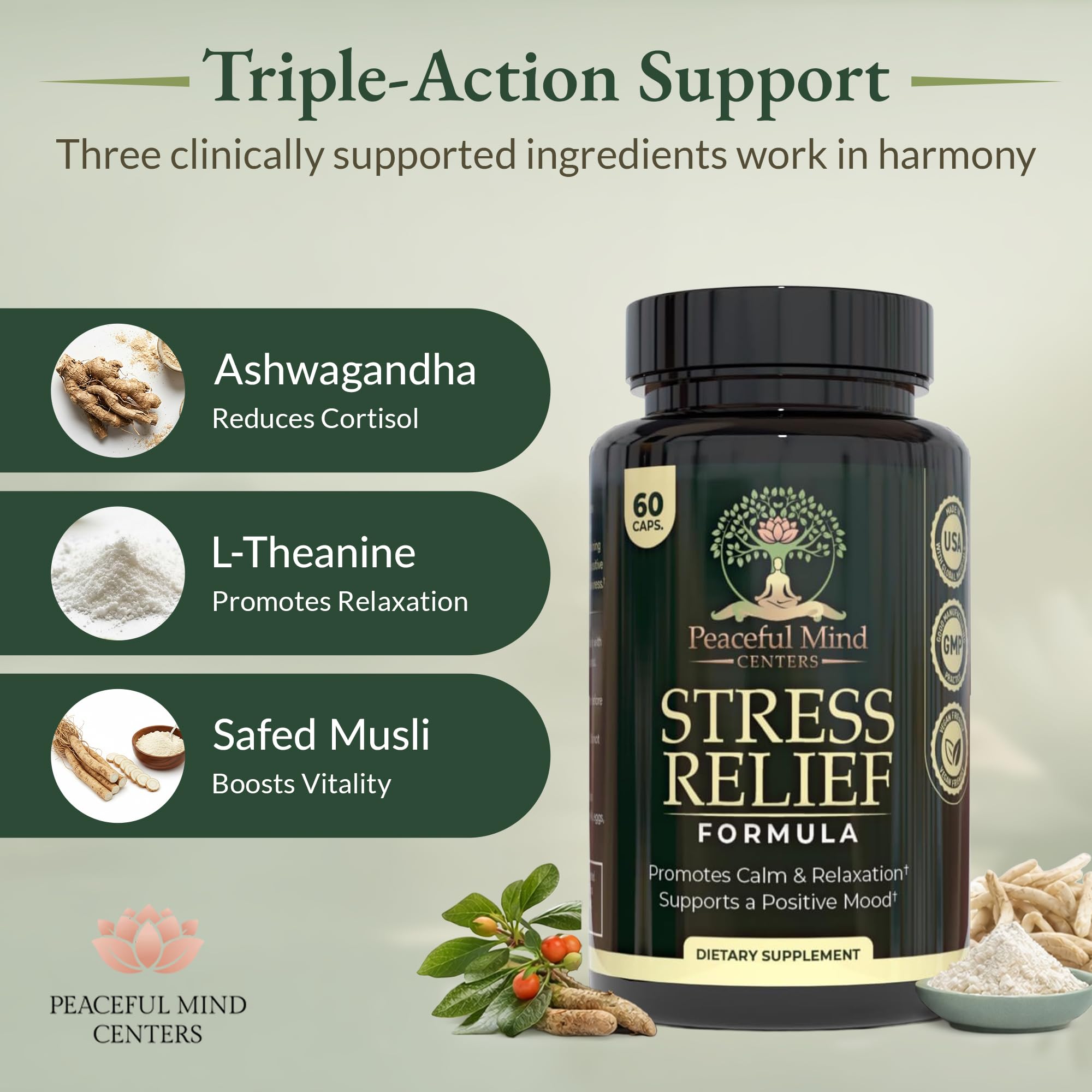 Peaceful Mind Centers, envase de 60 cápsulas para rutina diaria.