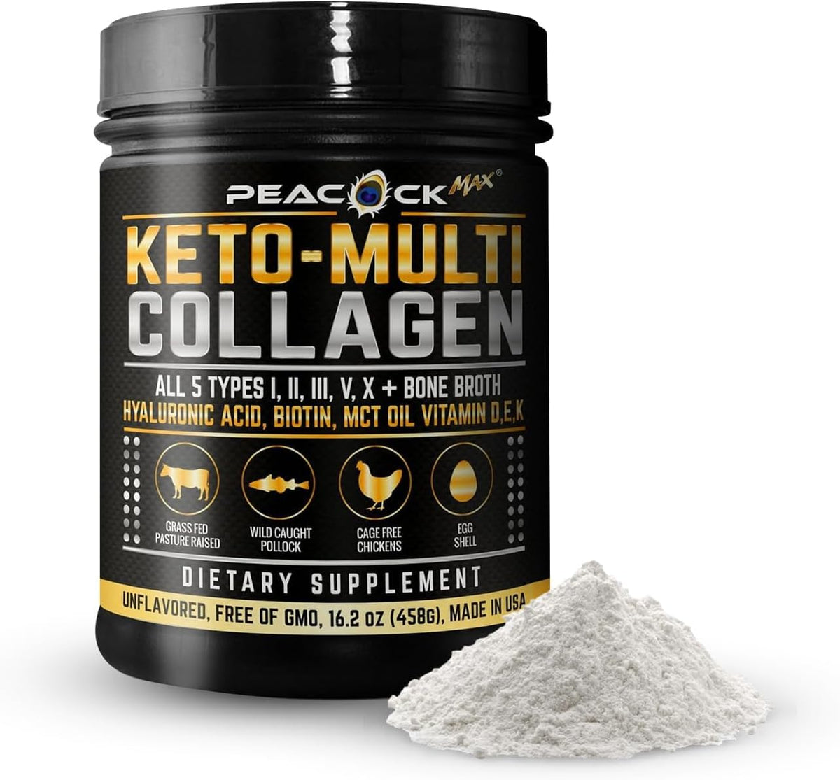 Peacock Max polvos de colágeno Keto en pote para uso diario