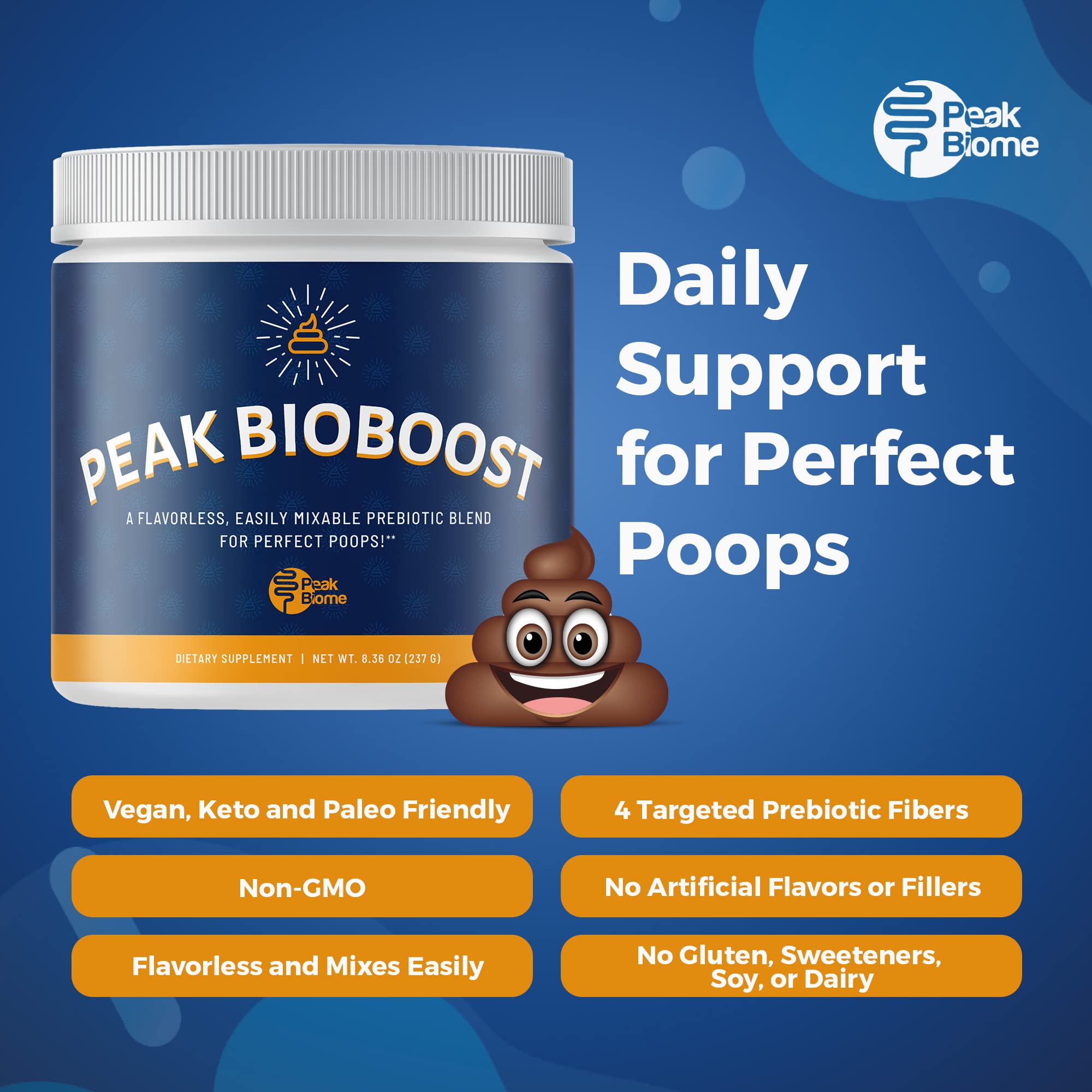 Peak Biome Peak BioBoost, porción diaria para movimiento intestinal.