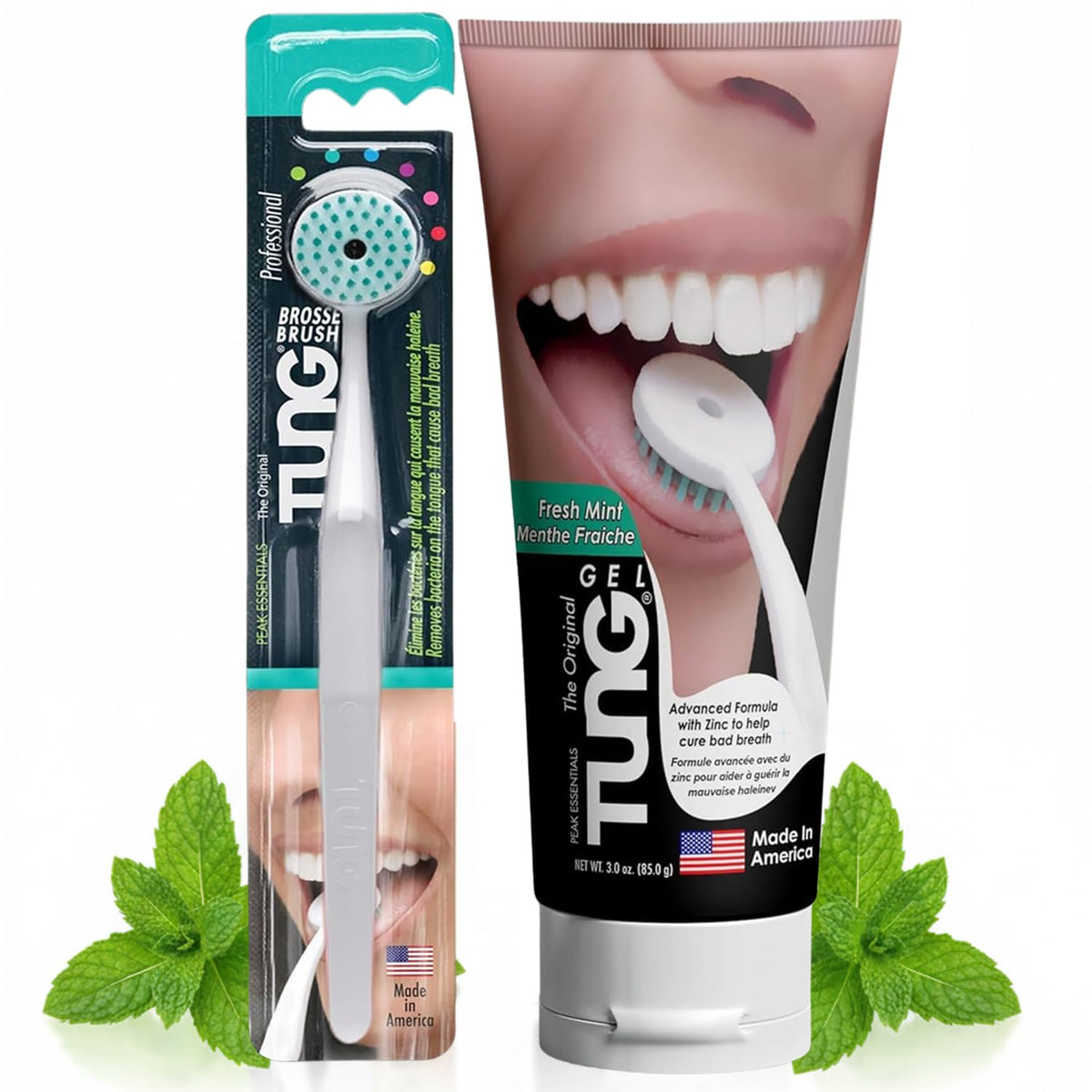 Peak Essentials TUNG Brush limpia la lengua para mayor frescura.