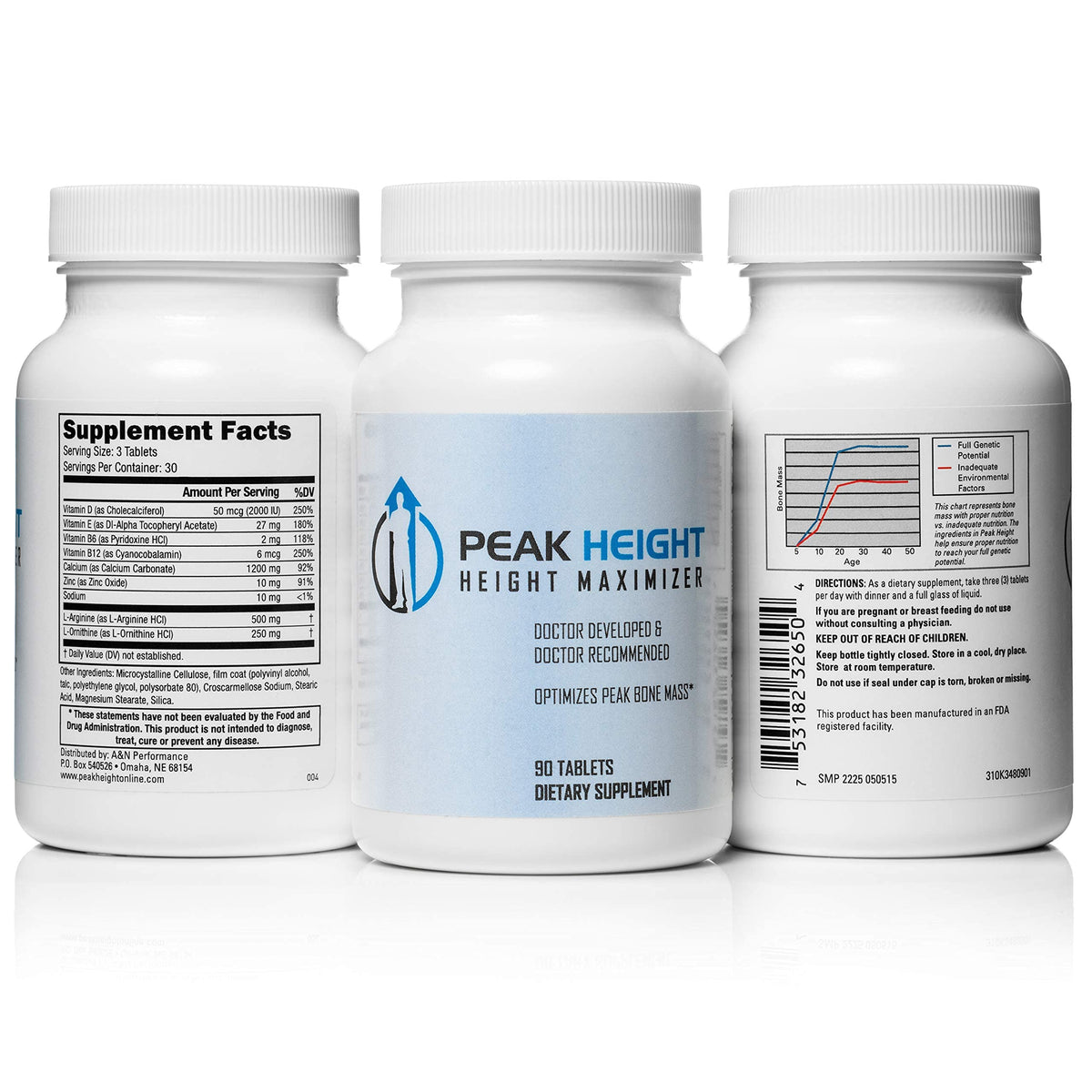 Peak Height: botella con tabletas para posible crecimiento natural.