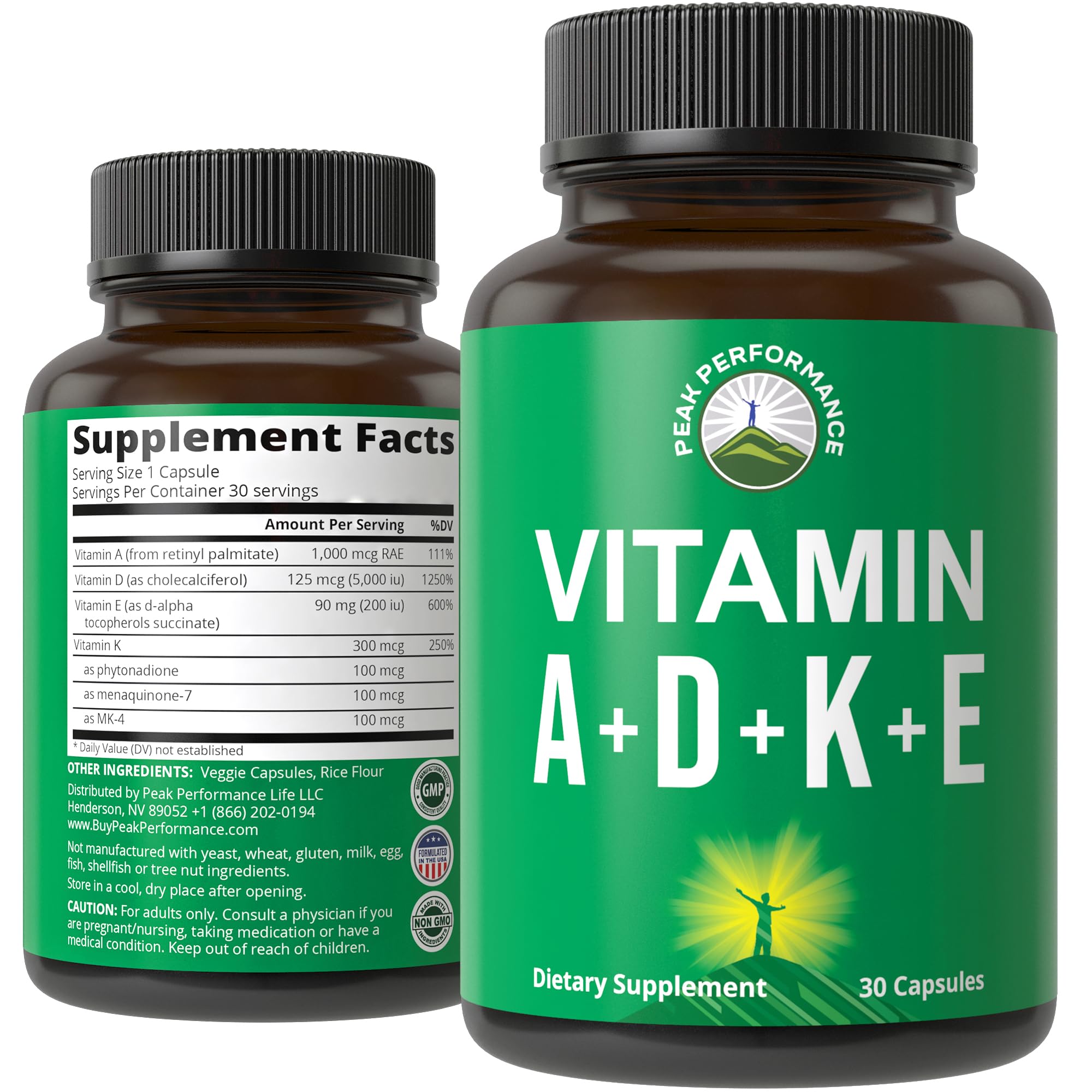 Peak Performance: botella de cápsulas veganas para apoyo multivitamínico diario.