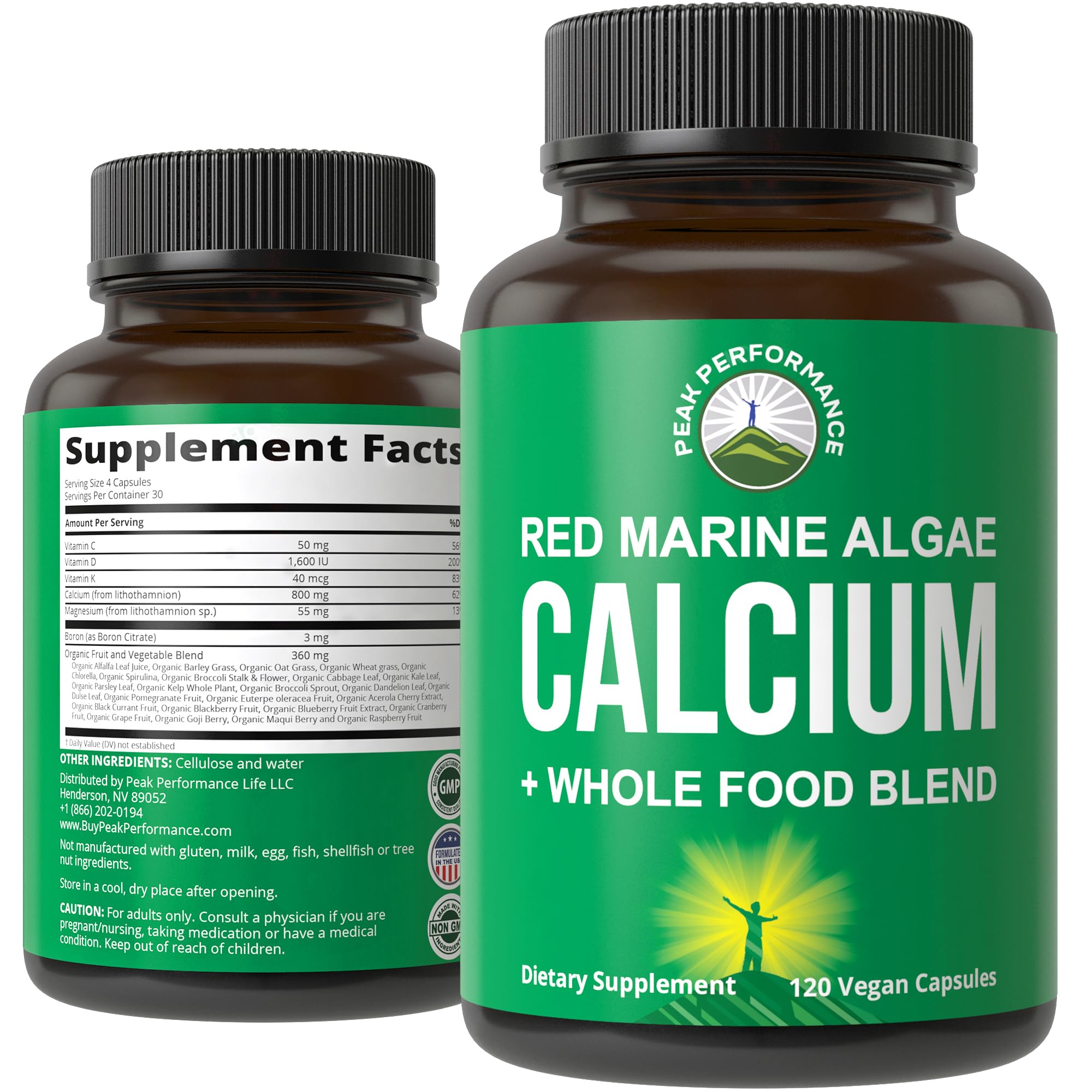 Peak Performance calcio de alga roja en botella, opción vegetal para huesos y articulaciones