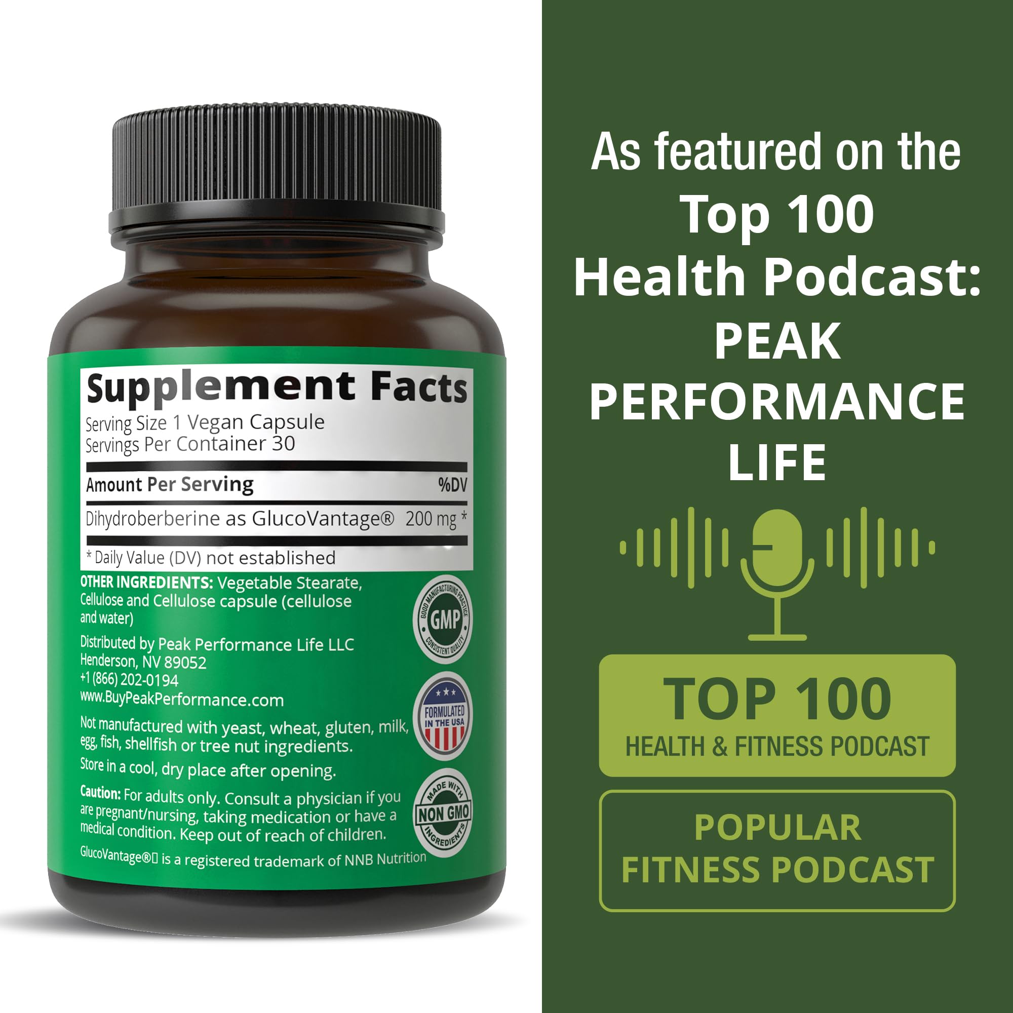 Cápsula de Peak Performance; dosis de 200 mg, conveniente para uso diario.