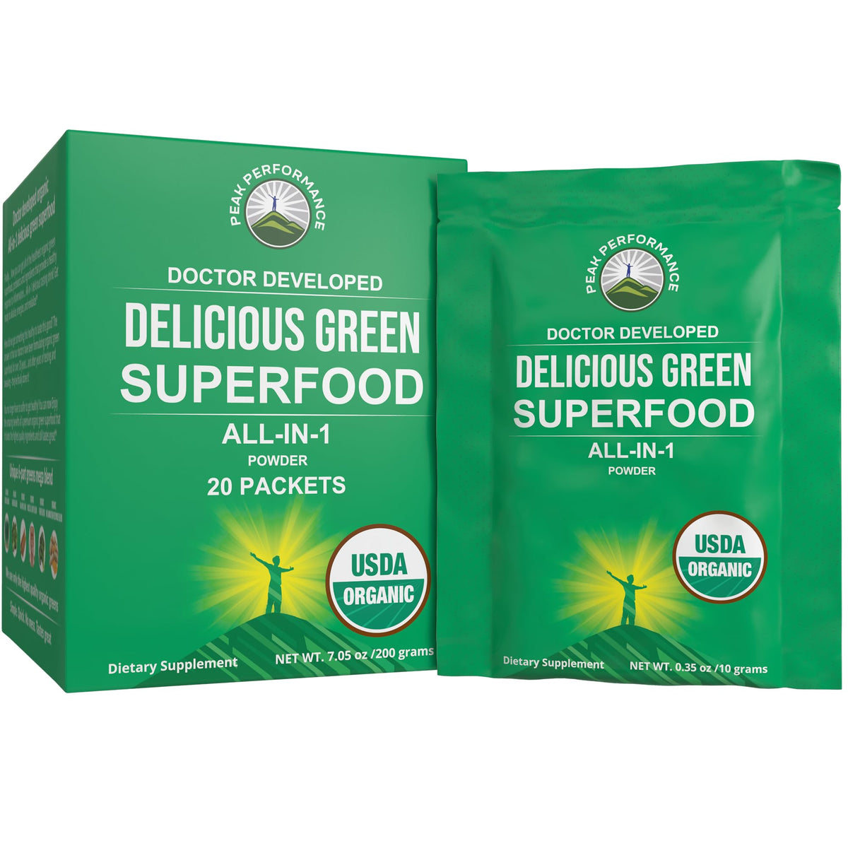 Peak Performance Greens: paquete porción individual para energía diaria.