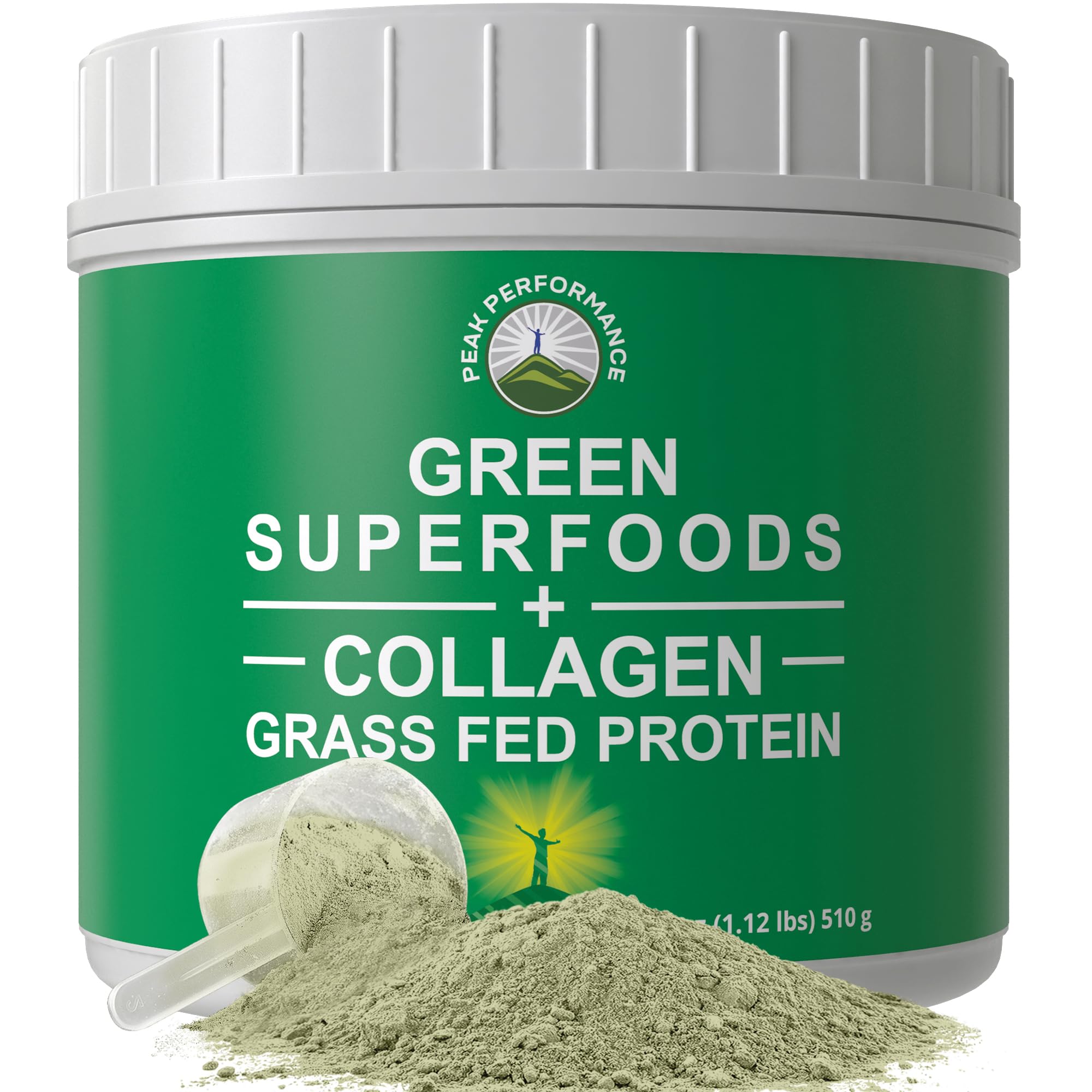 Peak Performance Greens Superfood en bote, sabor delicioso para energía diaria.
