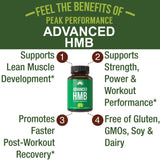 Etiqueta frontal de Peak Performance HMB muestra beneficios clave y pureza